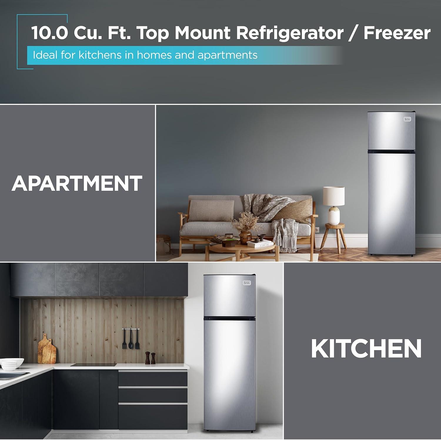 imageBLACKDECKER 201 Cu Ft Top Mount Refrigerator with Freezer 2 Door Refrigerator with Top Freezer and Adjustable Temperature Control Full Size Kitchen Refrigerator BR2010JB BlackStainless Steel Look