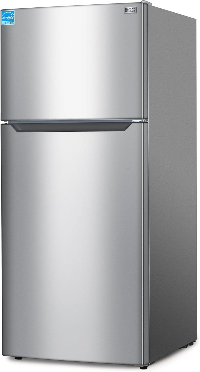imageBLACKDECKER 201 Cu Ft Top Mount Refrigerator with Freezer 2 Door Refrigerator with Top Freezer and Adjustable Temperature Control Full Size Kitchen Refrigerator BR2010JB BlackStainless Steel Look