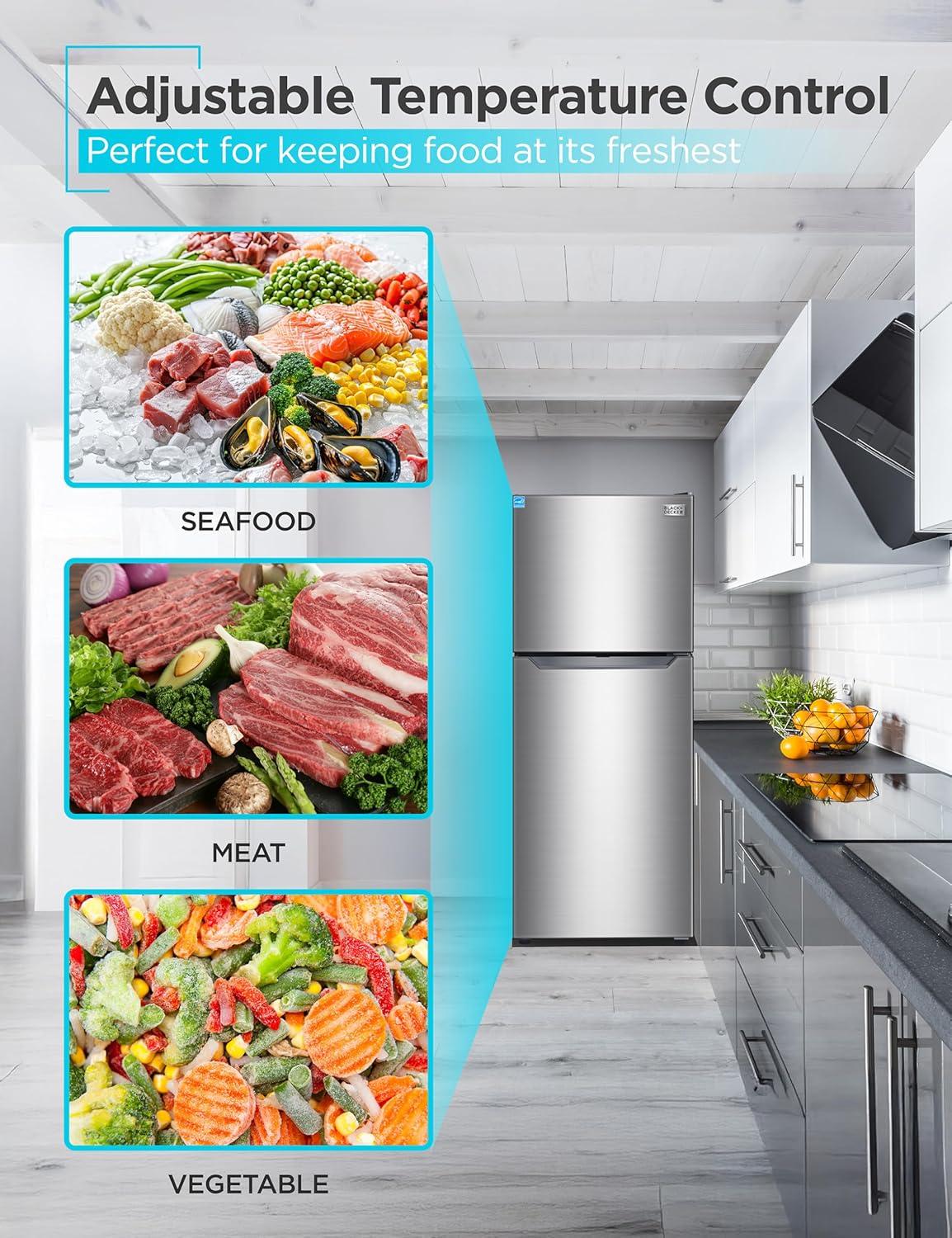 imageBLACKDECKER 201 Cu Ft Top Mount Refrigerator with Freezer 2 Door Refrigerator with Top Freezer and Adjustable Temperature Control Full Size Kitchen Refrigerator BR2010JB BlackStainless Steel Look