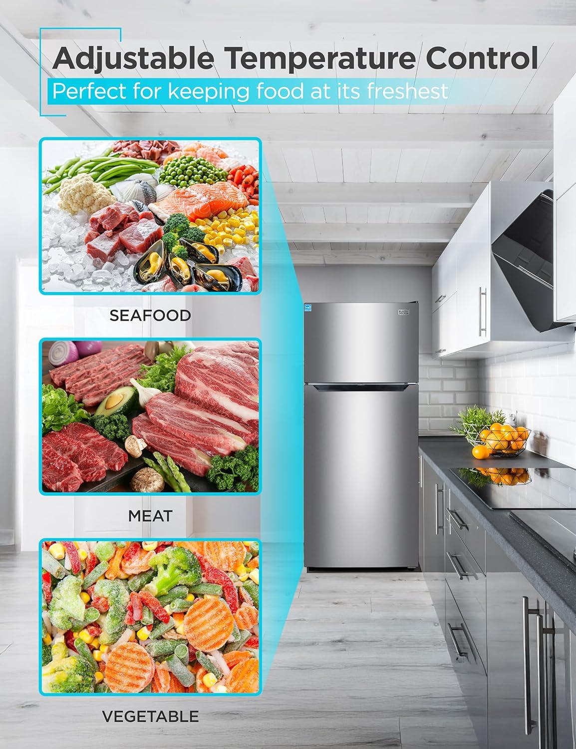 imageBLACKDECKER 201 Cu Ft Top Mount Refrigerator with Freezer 2 Door Refrigerator with Top Freezer and Adjustable Temperature Control Full Size Kitchen Refrigerator BR2010JB BlackStainless Steel Look