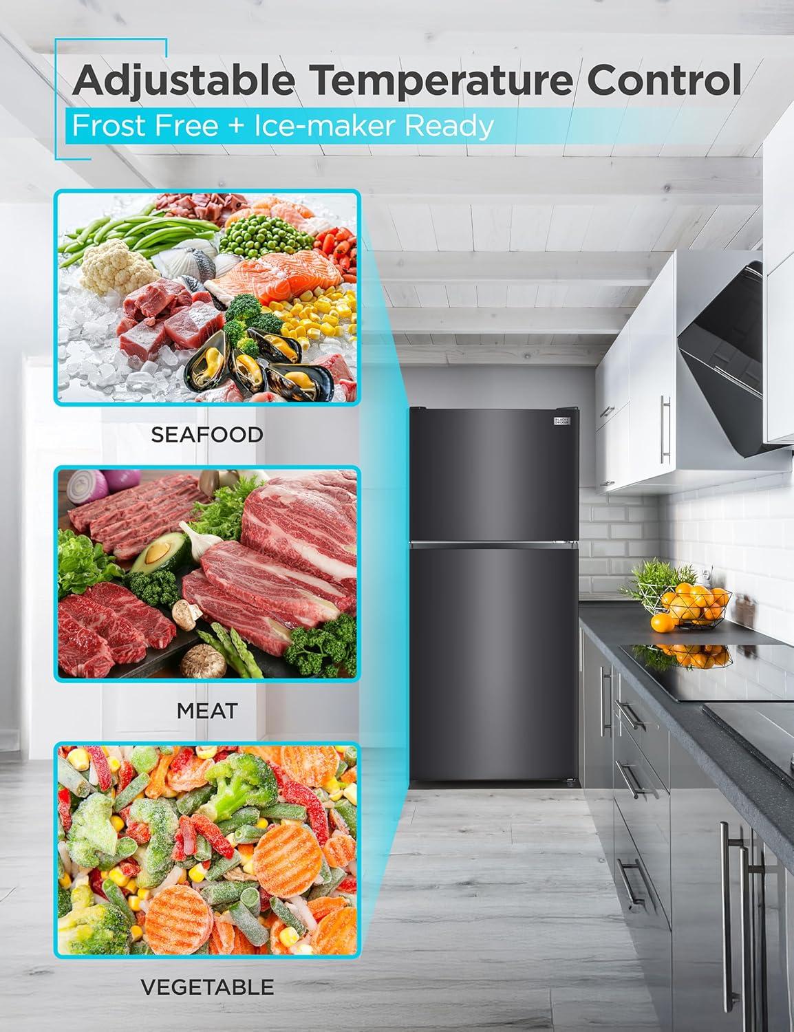imageBLACKDECKER 201 Cu Ft Top Mount Refrigerator with Freezer 2 Door Refrigerator with Top Freezer and Adjustable Temperature Control Full Size Kitchen Refrigerator BR2010JB BlackBlack