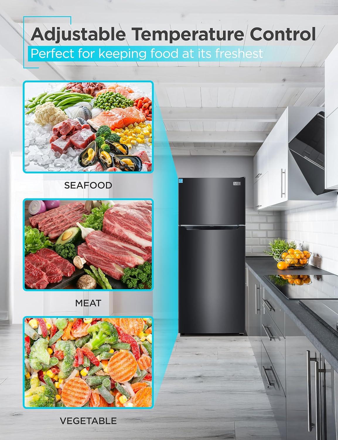 imageBLACKDECKER 201 Cu Ft Top Mount Refrigerator with Freezer 2 Door Refrigerator with Top Freezer and Adjustable Temperature Control Full Size Kitchen Refrigerator BR2010JB BlackBlack