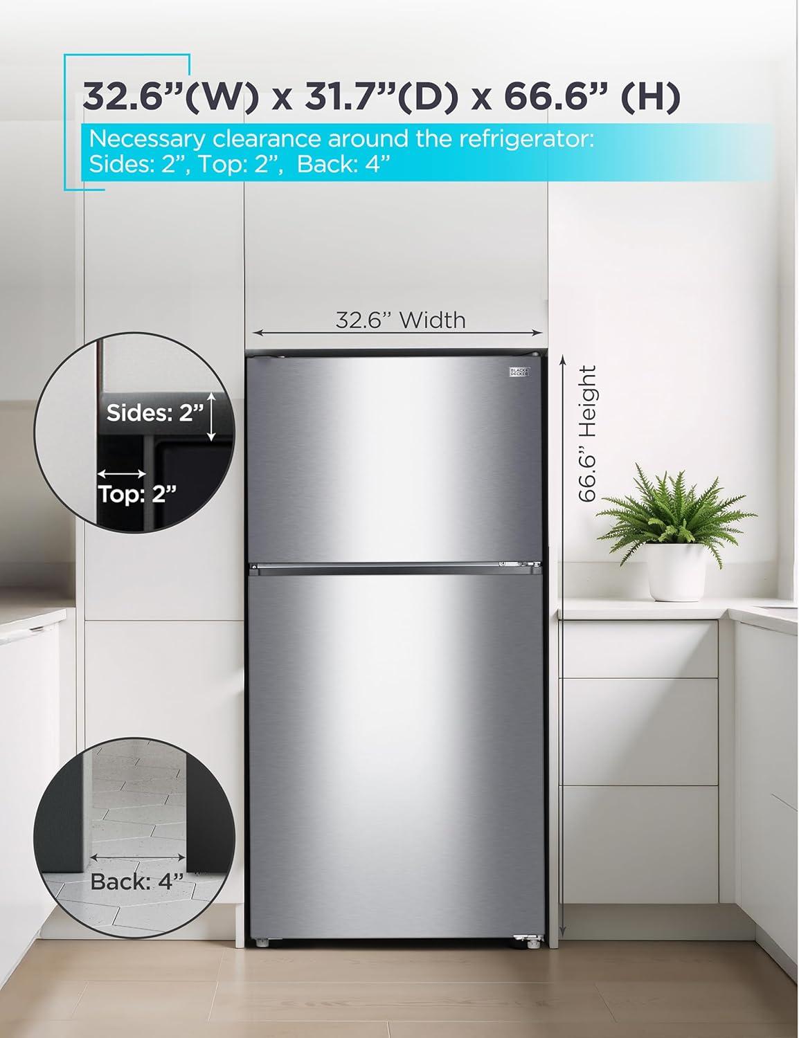 imageBLACKDECKER 201 Cu Ft Top Mount Refrigerator with Freezer 2 Door Refrigerator with Top Freezer and Adjustable Temperature Control Full Size Kitchen Refrigerator BR2010JB BlackStainless Steel Look