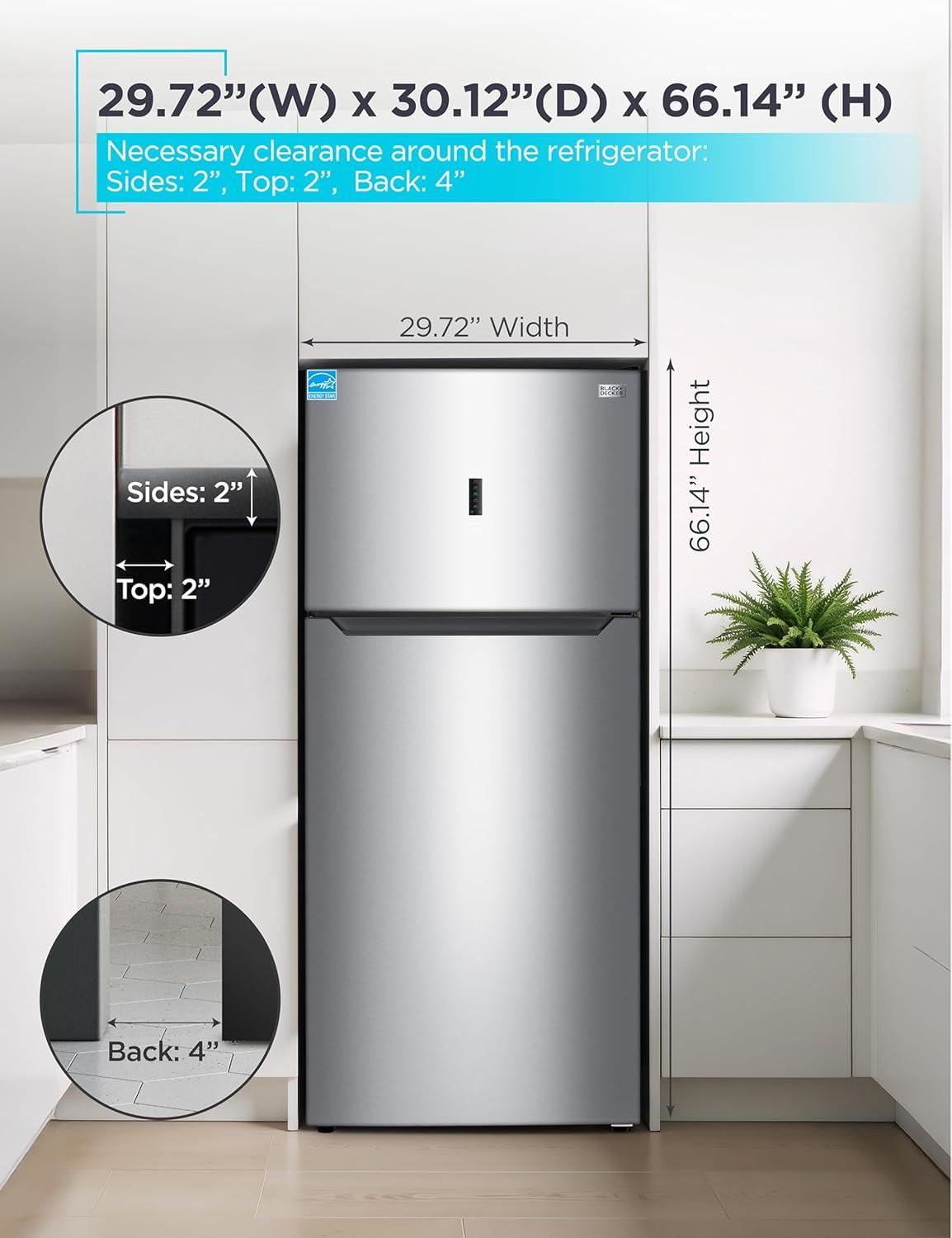 imageBLACKDECKER 201 Cu Ft Top Mount Refrigerator with Freezer 2 Door Refrigerator with Top Freezer and Adjustable Temperature Control Full Size Kitchen Refrigerator BR2010JB BlackStainless Steel Look