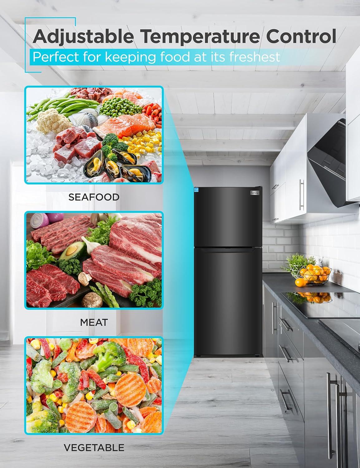 imageBLACKDECKER 201 Cu Ft Top Mount Refrigerator with Freezer 2 Door Refrigerator with Top Freezer and Adjustable Temperature Control Full Size Kitchen Refrigerator BR2010JB BlackBlack