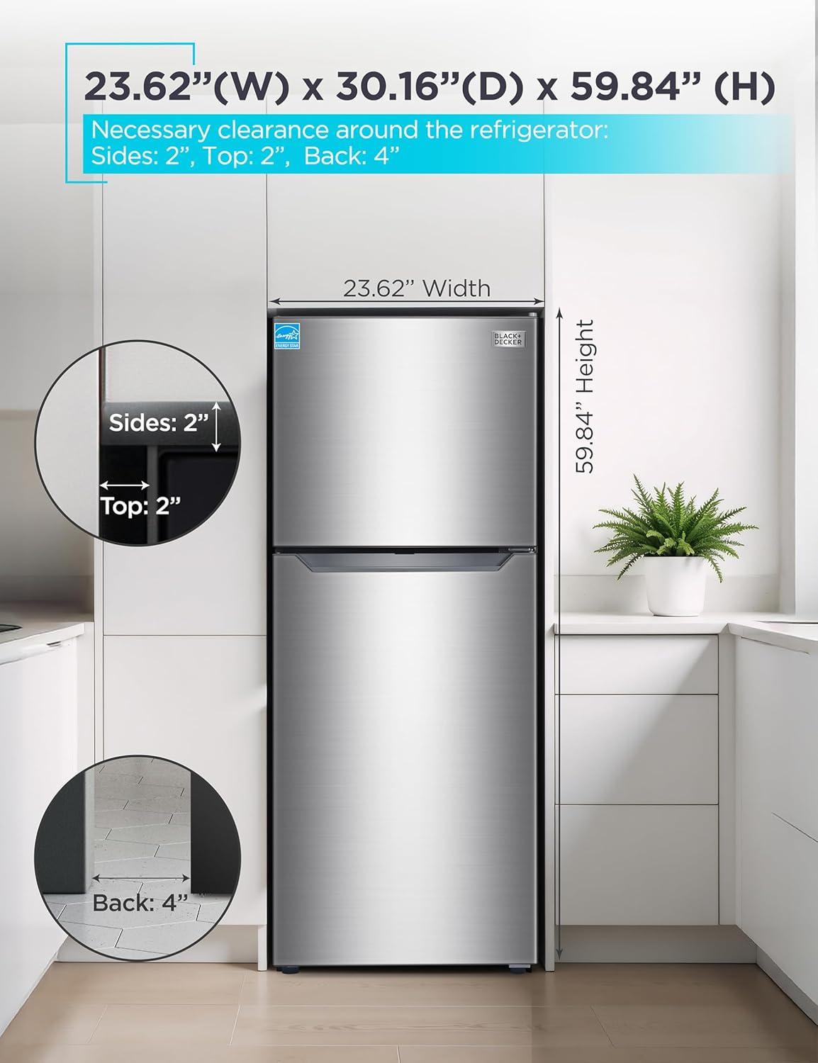 imageBLACKDECKER 201 Cu Ft Top Mount Refrigerator with Freezer 2 Door Refrigerator with Top Freezer and Adjustable Temperature Control Full Size Kitchen Refrigerator BR2010JB BlackStainless Steel Look