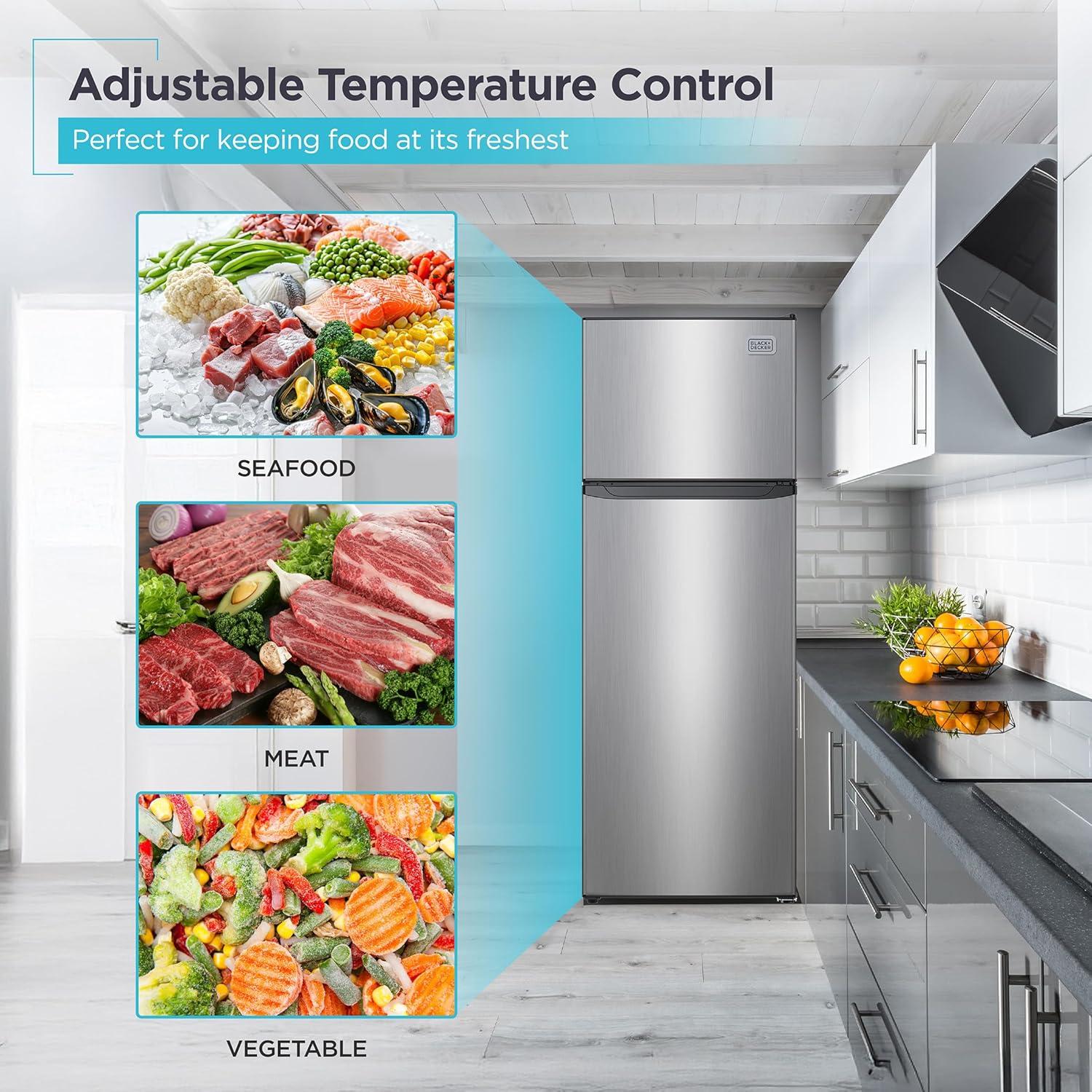 imageBLACKDECKER 201 Cu Ft Top Mount Refrigerator with Freezer 2 Door Refrigerator with Top Freezer and Adjustable Temperature Control Full Size Kitchen Refrigerator BR2010JB BlackStainless Steel Look