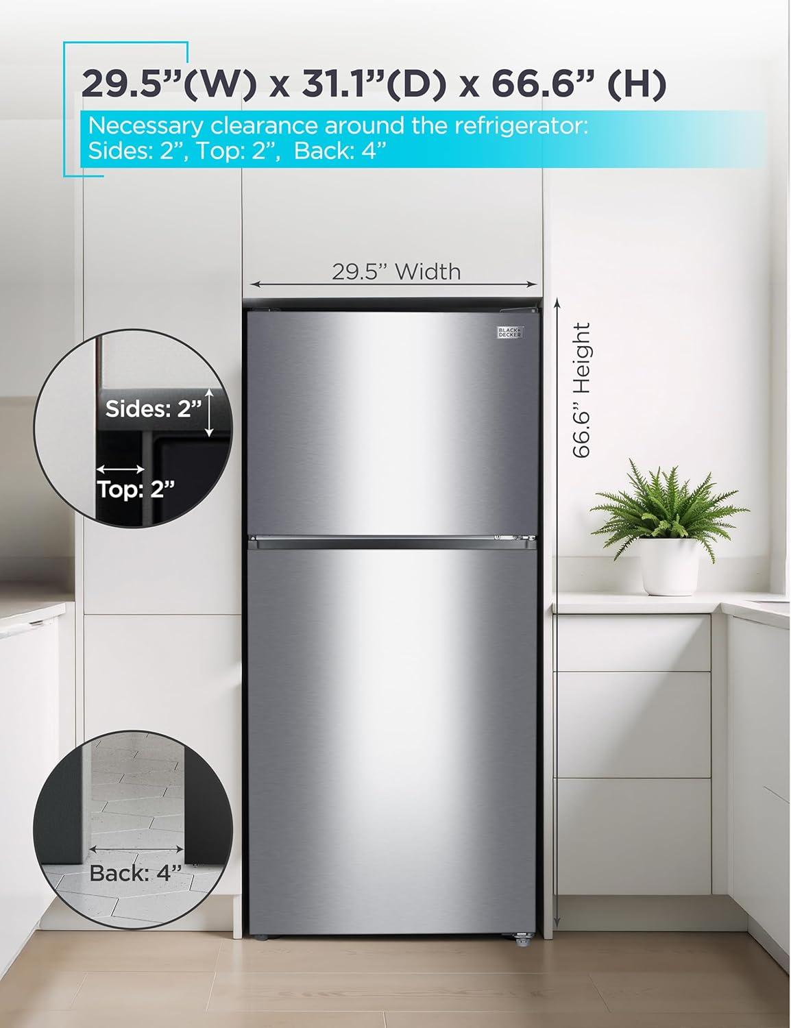 imageBLACKDECKER 201 Cu Ft Top Mount Refrigerator with Freezer 2 Door Refrigerator with Top Freezer and Adjustable Temperature Control Full Size Kitchen Refrigerator BR2010JB BlackStainless Steel Look