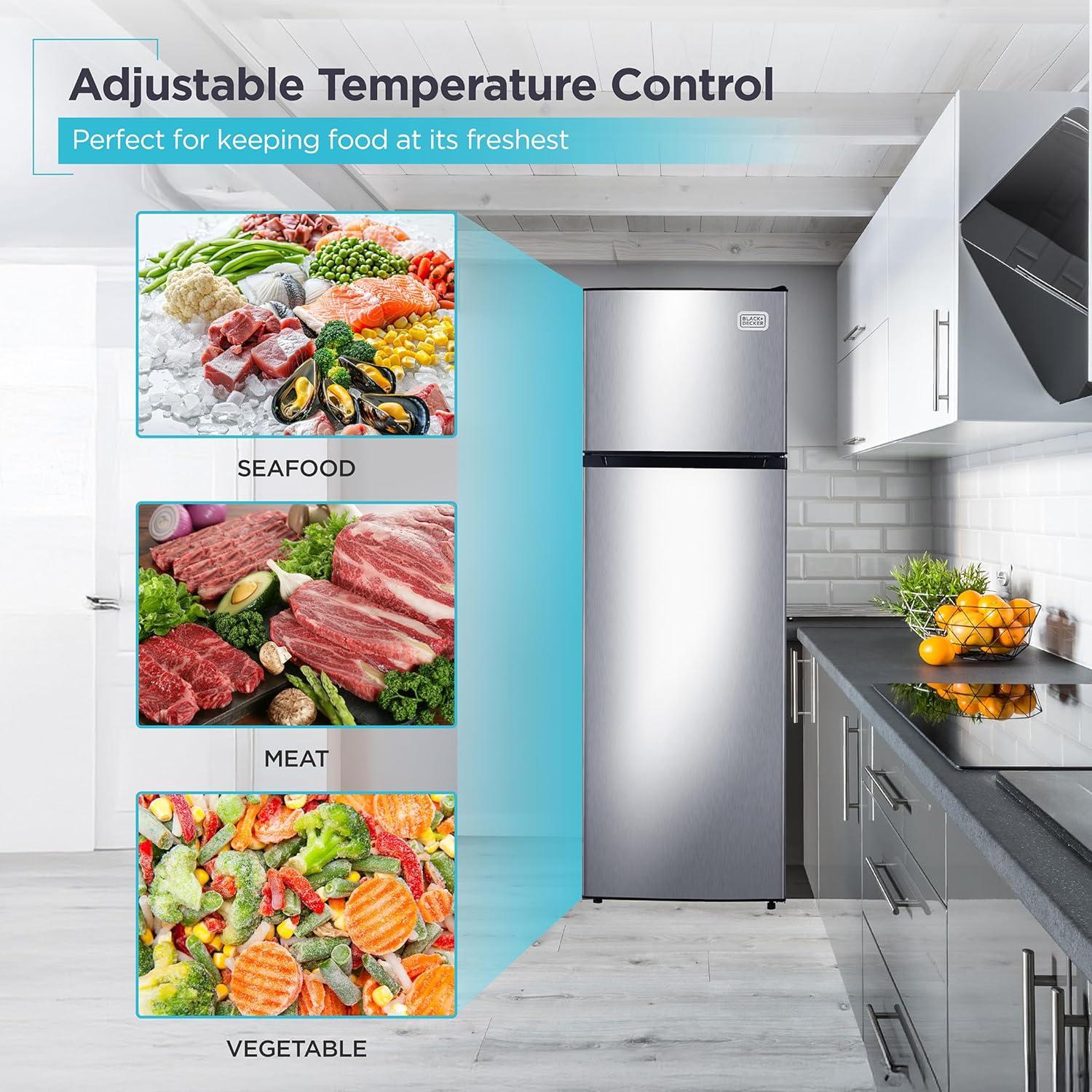 imageBLACKDECKER 201 Cu Ft Top Mount Refrigerator with Freezer 2 Door Refrigerator with Top Freezer and Adjustable Temperature Control Full Size Kitchen Refrigerator BR2010JB BlackStainless Steel Look