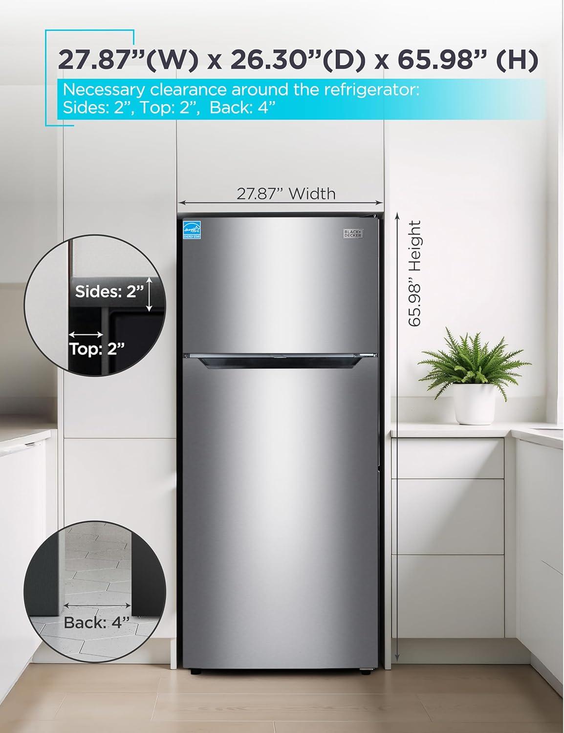 imageBLACKDECKER 201 Cu Ft Top Mount Refrigerator with Freezer 2 Door Refrigerator with Top Freezer and Adjustable Temperature Control Full Size Kitchen Refrigerator BR2010JB BlackStainless Steel Look