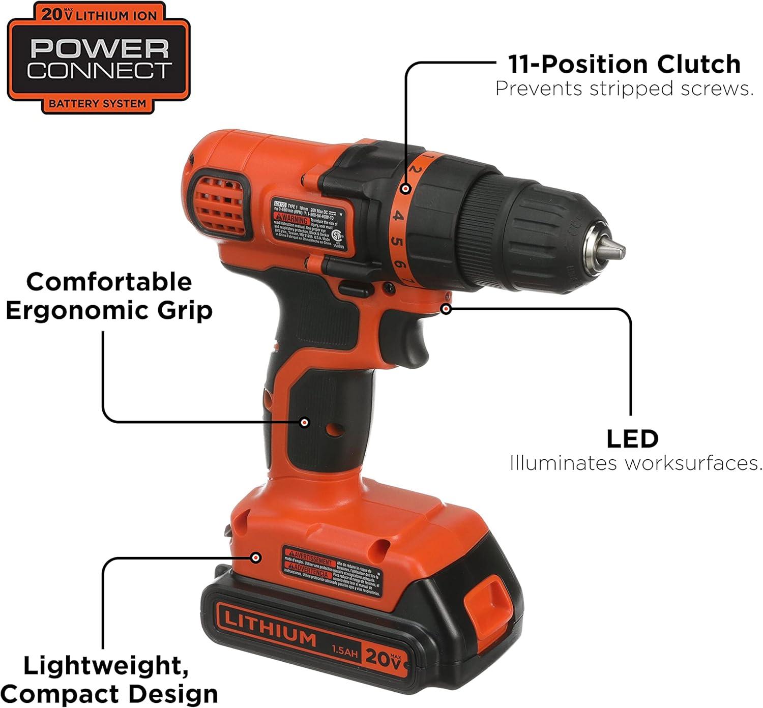 imageBLACKDECKER 20V MAX 68Piece Cordless Drill and Home Tool Project Kit with Tool Storage Bag LDX120PK20V Home Tool Kit