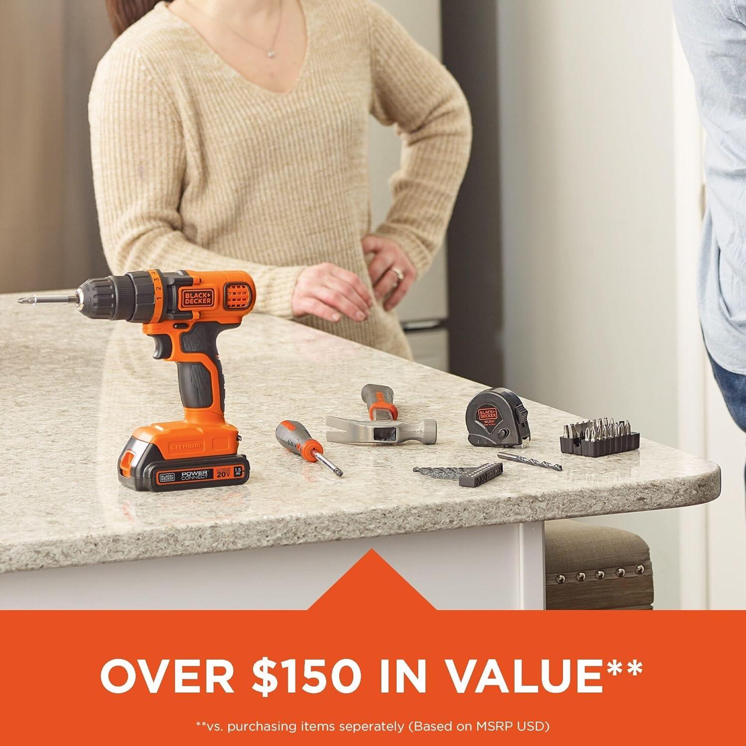 imageBLACKDECKER 20V MAX 68Piece Cordless Drill and Home Tool Project Kit with Tool Storage Bag LDX120PK20V Home Tool Kit