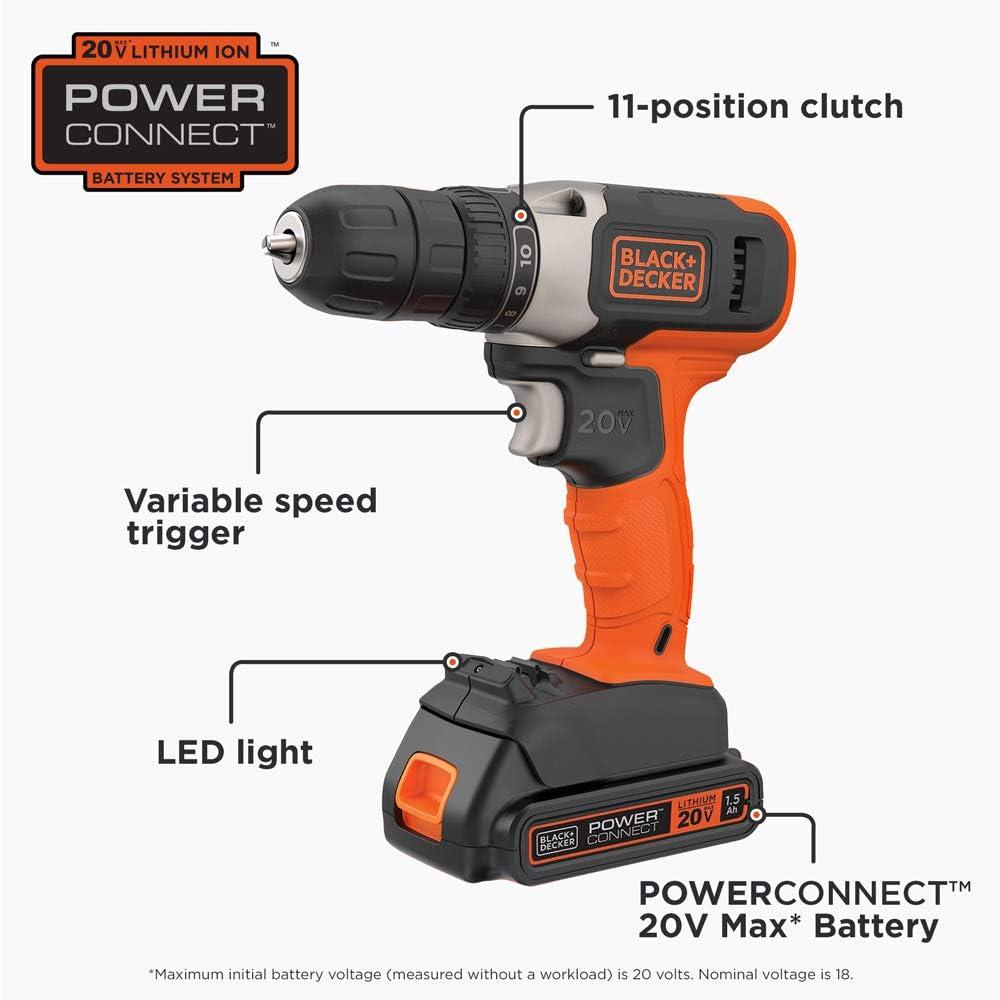 imageBLACKDECKER 20V MAX Cordless Drill Kit with Battery Charger Includes Double Sided Drill Bit BCD702C1