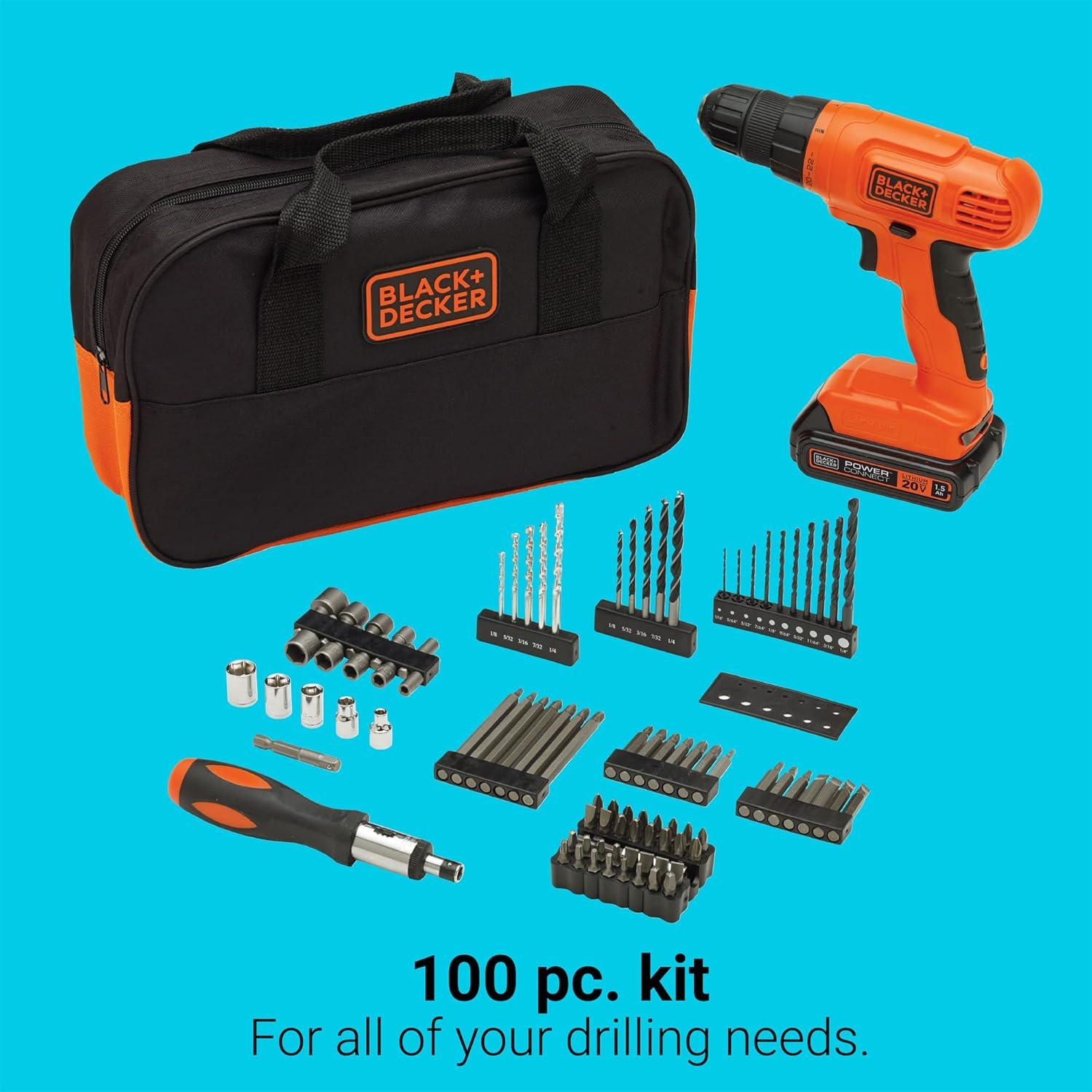 imageBLACKDECKER 20V MAX POWERCONNECT Cordless Drill Driver Kit with Drill Bit Set and Sockets 100 pc Tool Kit for Home Battery and Charger Included Orange BDC120VA100Drill Project Kit
