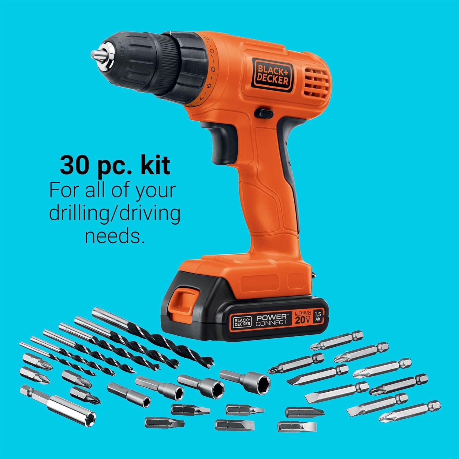 imageBLACKDECKER 20V MAX POWERCONNECT Power Drill Cordless Drill Driver Electric Screwdriver with 30 Piece Bit Set Battery and Charger Included LD120VA