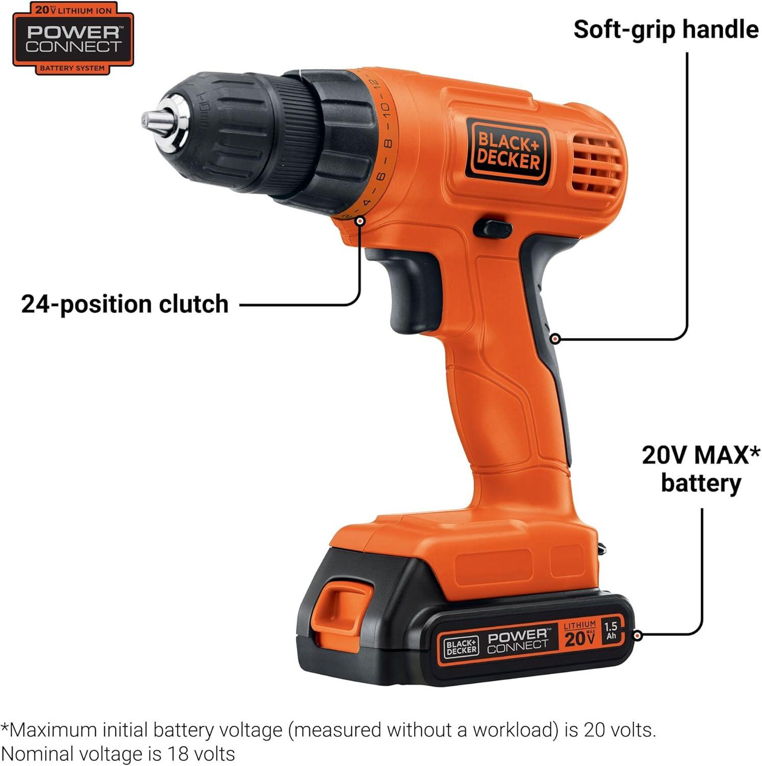 imageBLACKDECKER 20V MAX POWERCONNECT Power Drill Cordless Drill Driver Electric Screwdriver with 30 Piece Bit Set Battery and Charger Included LD120VA