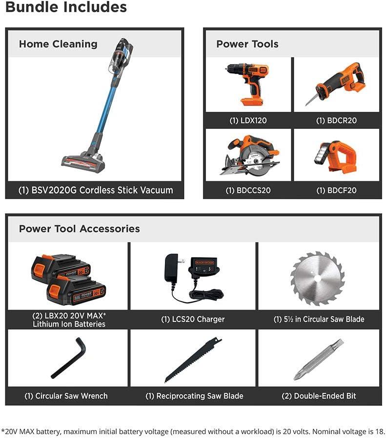 imageBLACKDECKER 20V MAX Power Tool Combo Kit 4Tool Cordless Power Tool Set with 2 Batteries and Charger BD4KITCDCRLCombo Kit w20V Stick Vac