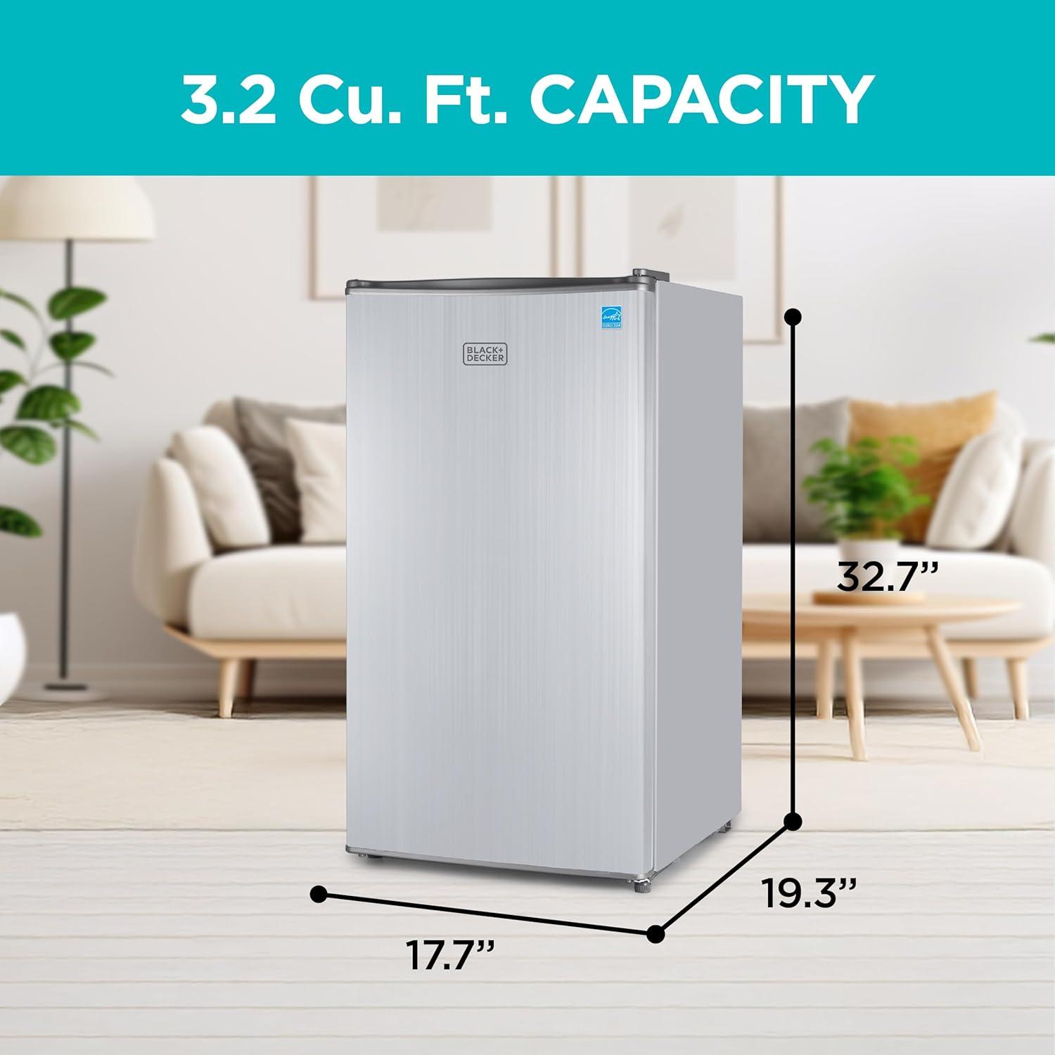 imageBLACKDECKER 25 Cu Ft Compact Refrigerator ENERGY STAR Certified Single Door Mini Fridge with Chiller Compartment Personal Fridge for Home or Dorm Room R600a Refrigerant BCRK25VStainless LookSilver