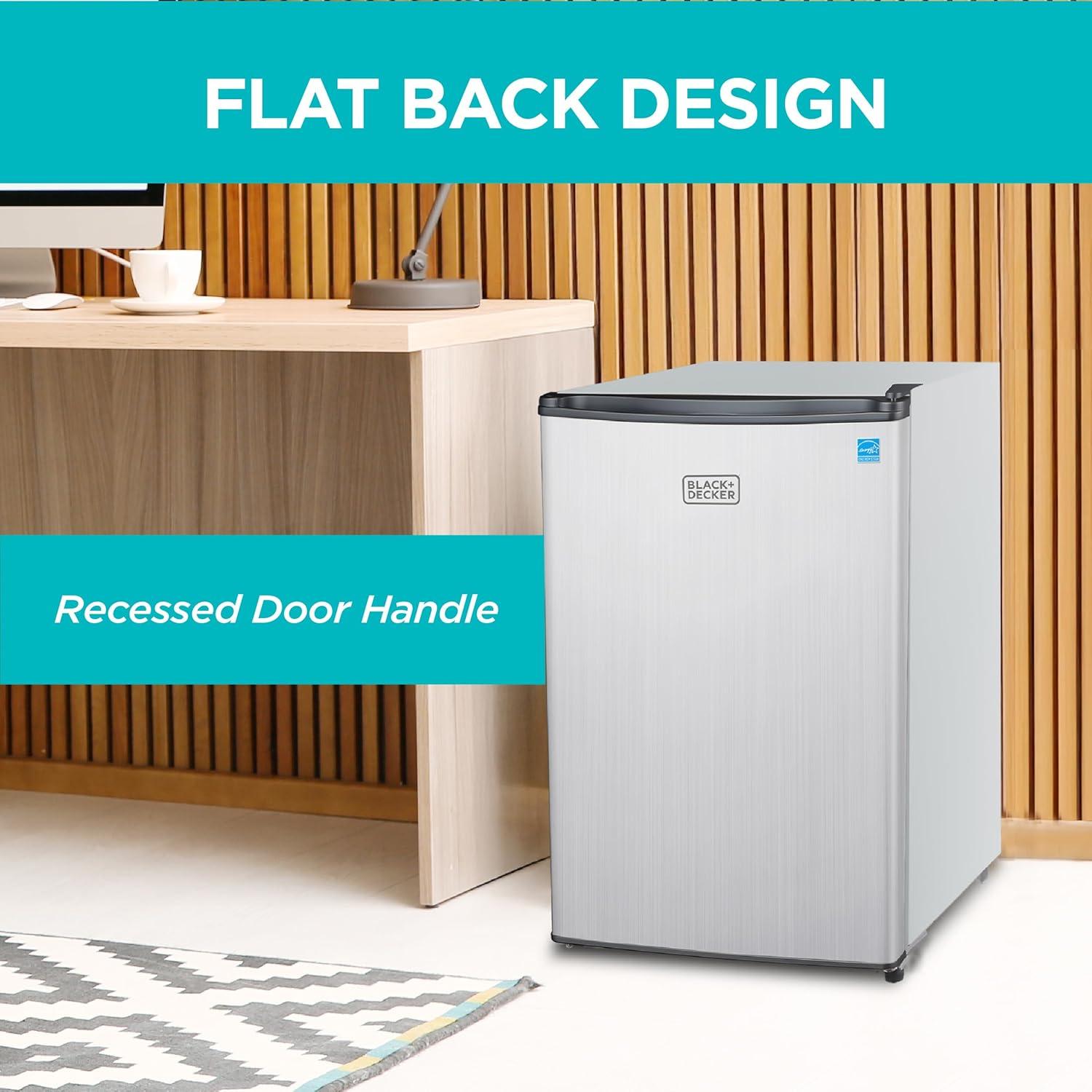 imageBLACKDECKER 25 Cu Ft Compact Refrigerator ENERGY STAR Certified Single Door Mini Fridge with Chiller Compartment Personal Fridge for Home or Dorm Room R600a Refrigerant BCRK25VStainless LookSilver