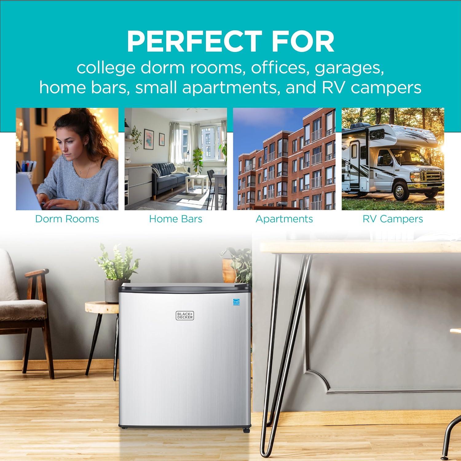 imageBLACKDECKER 25 Cu Ft Compact Refrigerator ENERGY STAR Certified Single Door Mini Fridge with Chiller Compartment Personal Fridge for Home or Dorm Room R600a Refrigerant BCRK25VStainless LookSilver