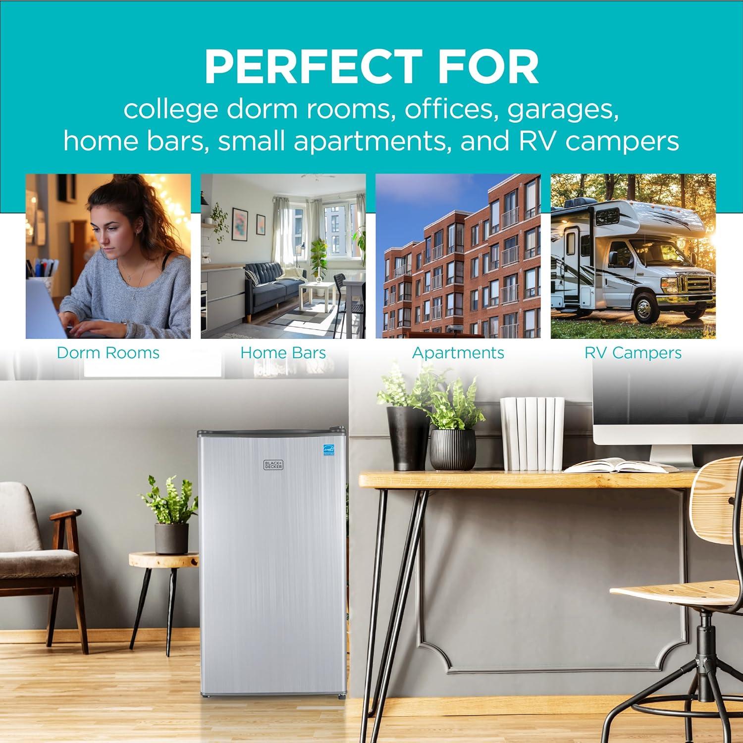 imageBLACKDECKER 25 Cu Ft Compact Refrigerator ENERGY STAR Certified Single Door Mini Fridge with Chiller Compartment Personal Fridge for Home or Dorm Room R600a Refrigerant BCRK25VStainless LookSilver