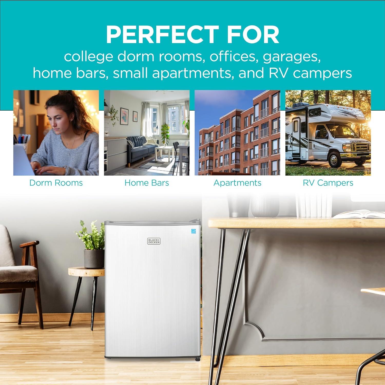 imageBLACKDECKER 25 Cu Ft Compact Refrigerator ENERGY STAR Certified Single Door Mini Fridge with Chiller Compartment Personal Fridge for Home or Dorm Room R600a Refrigerant BCRK25VStainless LookSilver