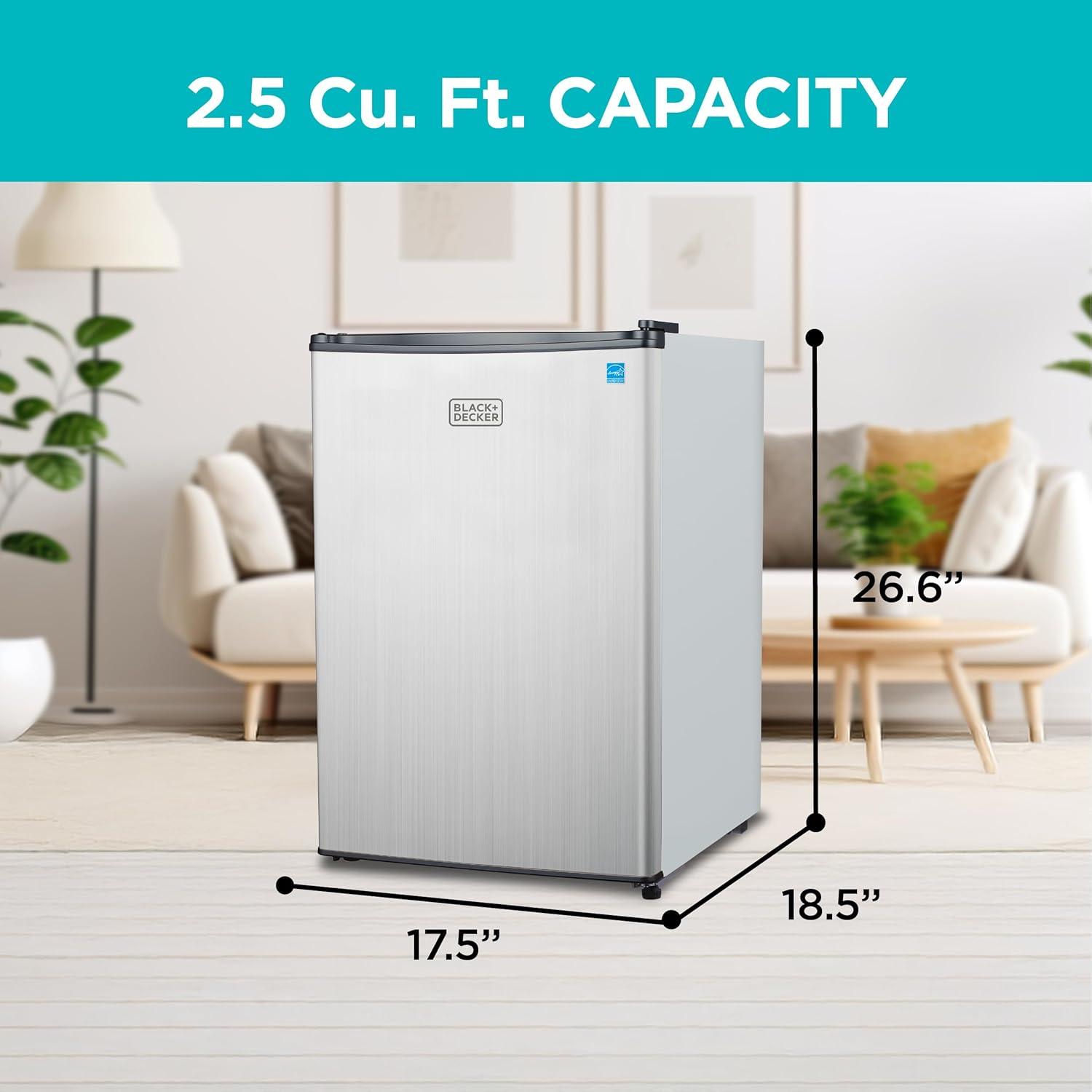 imageBLACKDECKER 25 Cu Ft Compact Refrigerator ENERGY STAR Certified Single Door Mini Fridge with Chiller Compartment Personal Fridge for Home or Dorm Room R600a Refrigerant BCRK25VStainless LookSilver