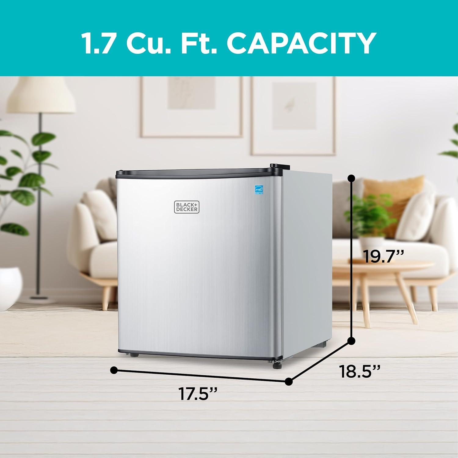 imageBLACKDECKER 25 Cu Ft Compact Refrigerator ENERGY STAR Certified Single Door Mini Fridge with Chiller Compartment Personal Fridge for Home or Dorm Room R600a Refrigerant BCRK25VStainless LookSilver