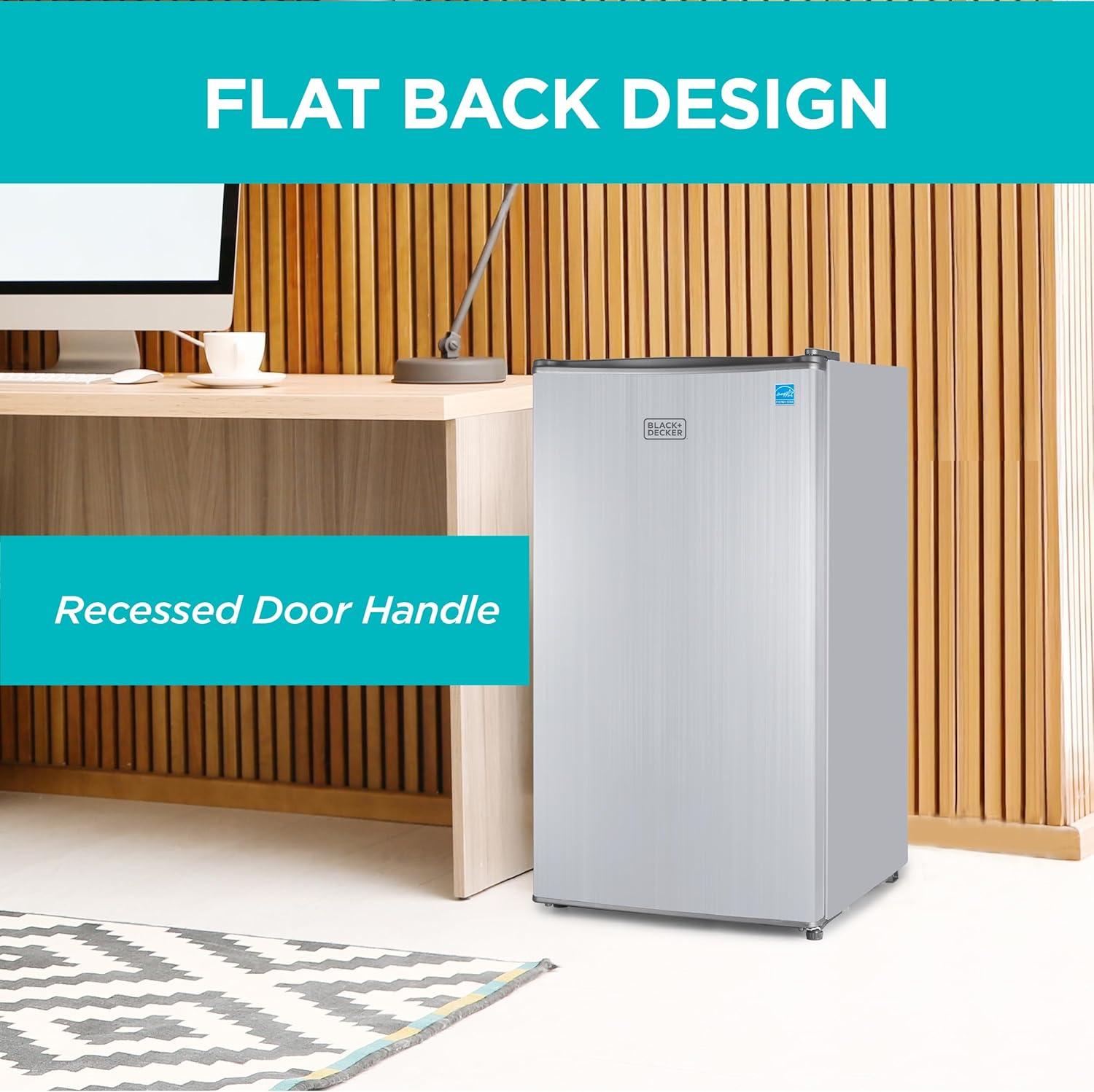 imageBLACKDECKER 25 Cu Ft Compact Refrigerator ENERGY STAR Certified Single Door Mini Fridge with Chiller Compartment Personal Fridge for Home or Dorm Room R600a Refrigerant BCRK25VStainless LookSilver