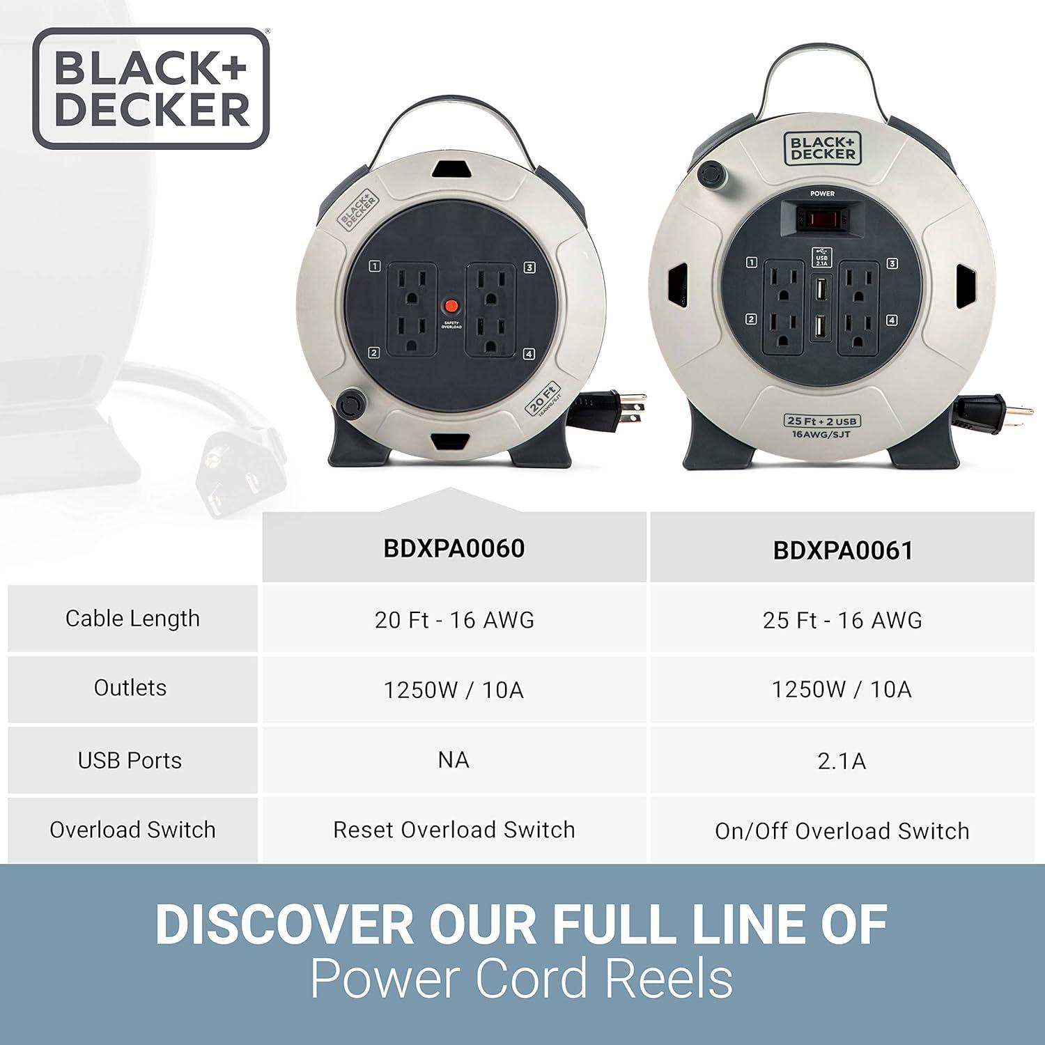 imageBLACKDECKER 25 Ft Retractable Extension Cord Reel with 4 Outlets 2 USB Ports MultiPlug Extension OnOff Switch amp HeavyDuty 16AWG SJT Cable20 ft