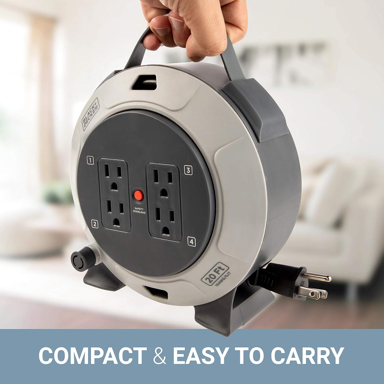 imageBLACKDECKER 25 Ft Retractable Extension Cord Reel with 4 Outlets 2 USB Ports MultiPlug Extension OnOff Switch amp HeavyDuty 16AWG SJT Cable20 ft