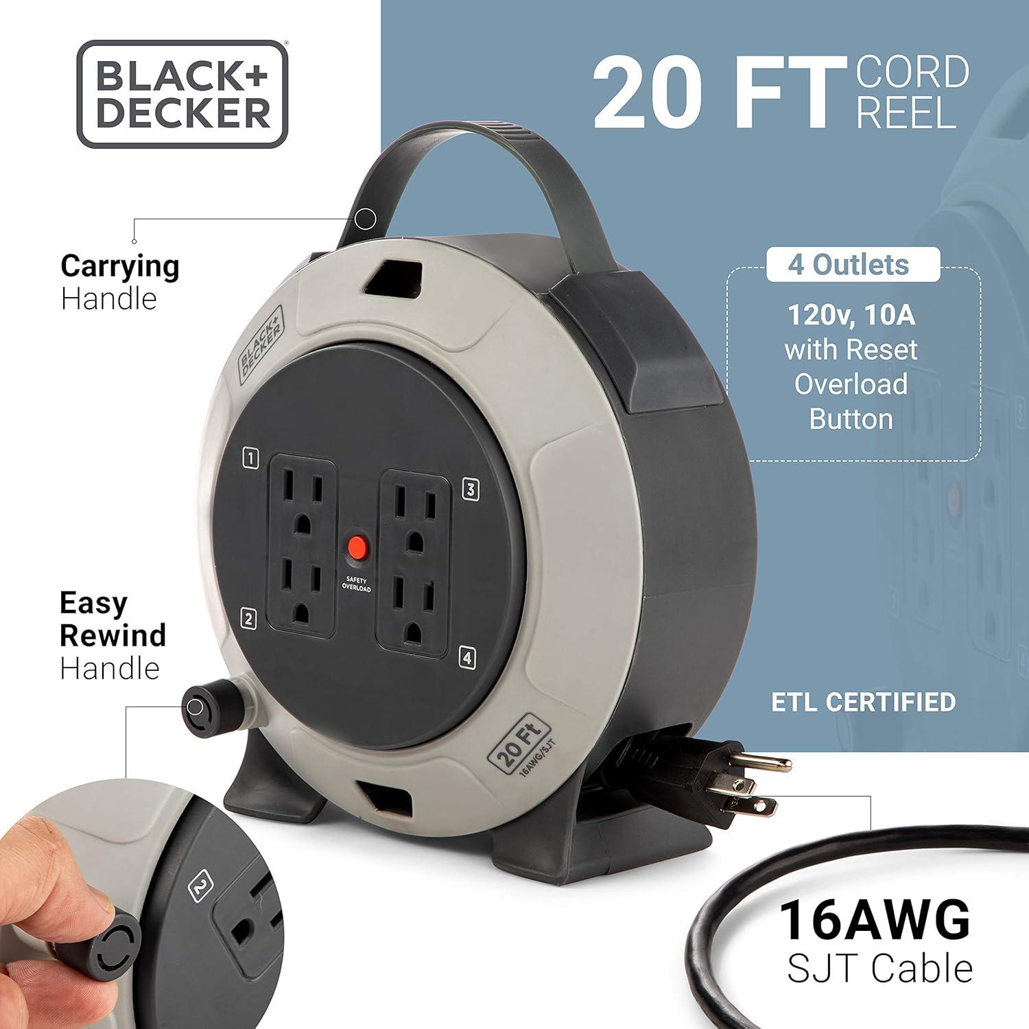 imageBLACKDECKER 25 Ft Retractable Extension Cord Reel with 4 Outlets 2 USB Ports MultiPlug Extension OnOff Switch amp HeavyDuty 16AWG SJT Cable20 ft
