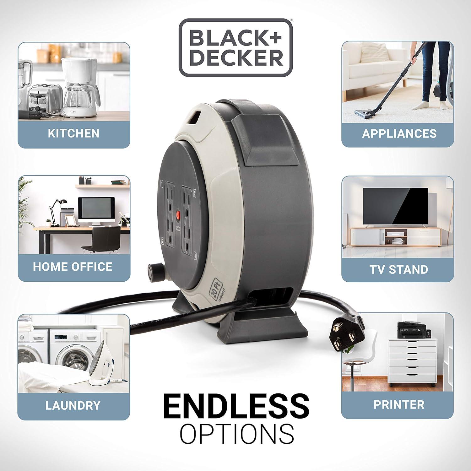 imageBLACKDECKER 25 Ft Retractable Extension Cord Reel with 4 Outlets 2 USB Ports MultiPlug Extension OnOff Switch amp HeavyDuty 16AWG SJT Cable20 ft