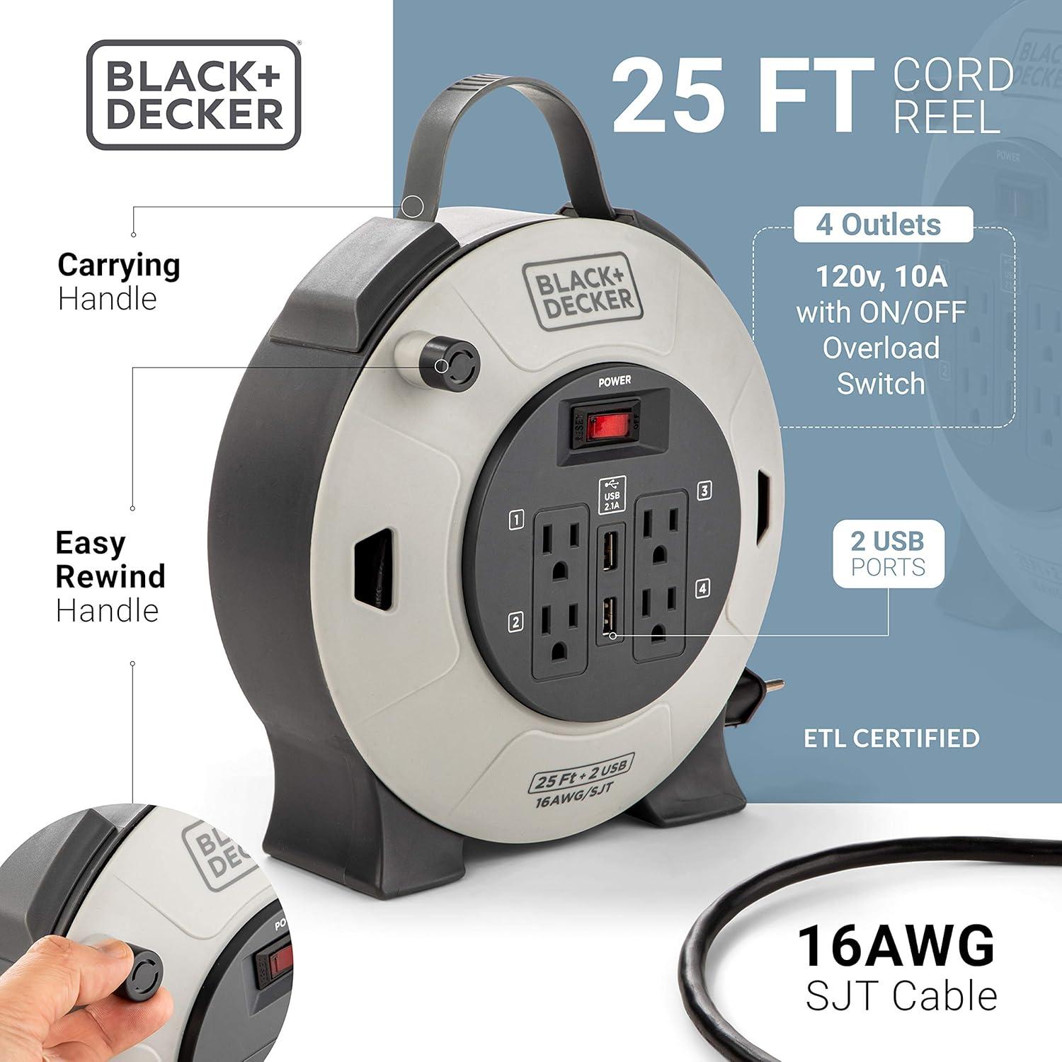 imageBLACKDECKER 25 Ft Retractable Extension Cord Reel with 4 Outlets 2 USB Ports MultiPlug Extension OnOff Switch amp HeavyDuty 16AWG SJT Cable25 Ft
