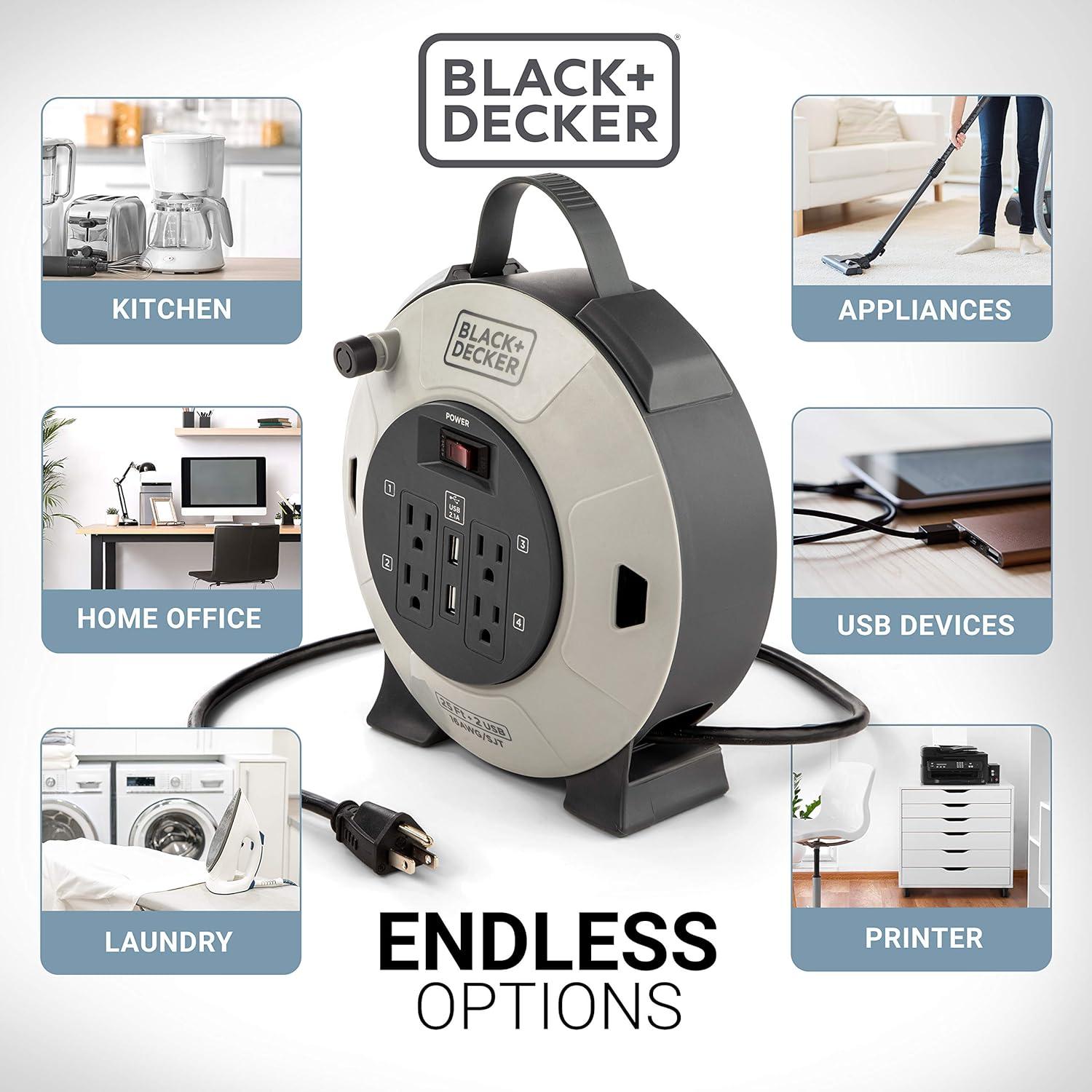 imageBLACKDECKER 25 Ft Retractable Extension Cord Reel with 4 Outlets 2 USB Ports MultiPlug Extension OnOff Switch amp HeavyDuty 16AWG SJT Cable25 Ft