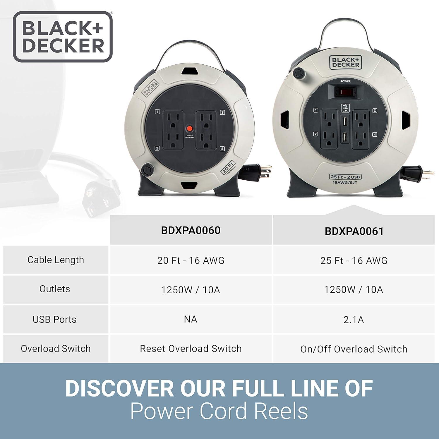 imageBLACKDECKER 25 Ft Retractable Extension Cord Reel with 4 Outlets 2 USB Ports MultiPlug Extension OnOff Switch amp HeavyDuty 16AWG SJT Cable25 Ft