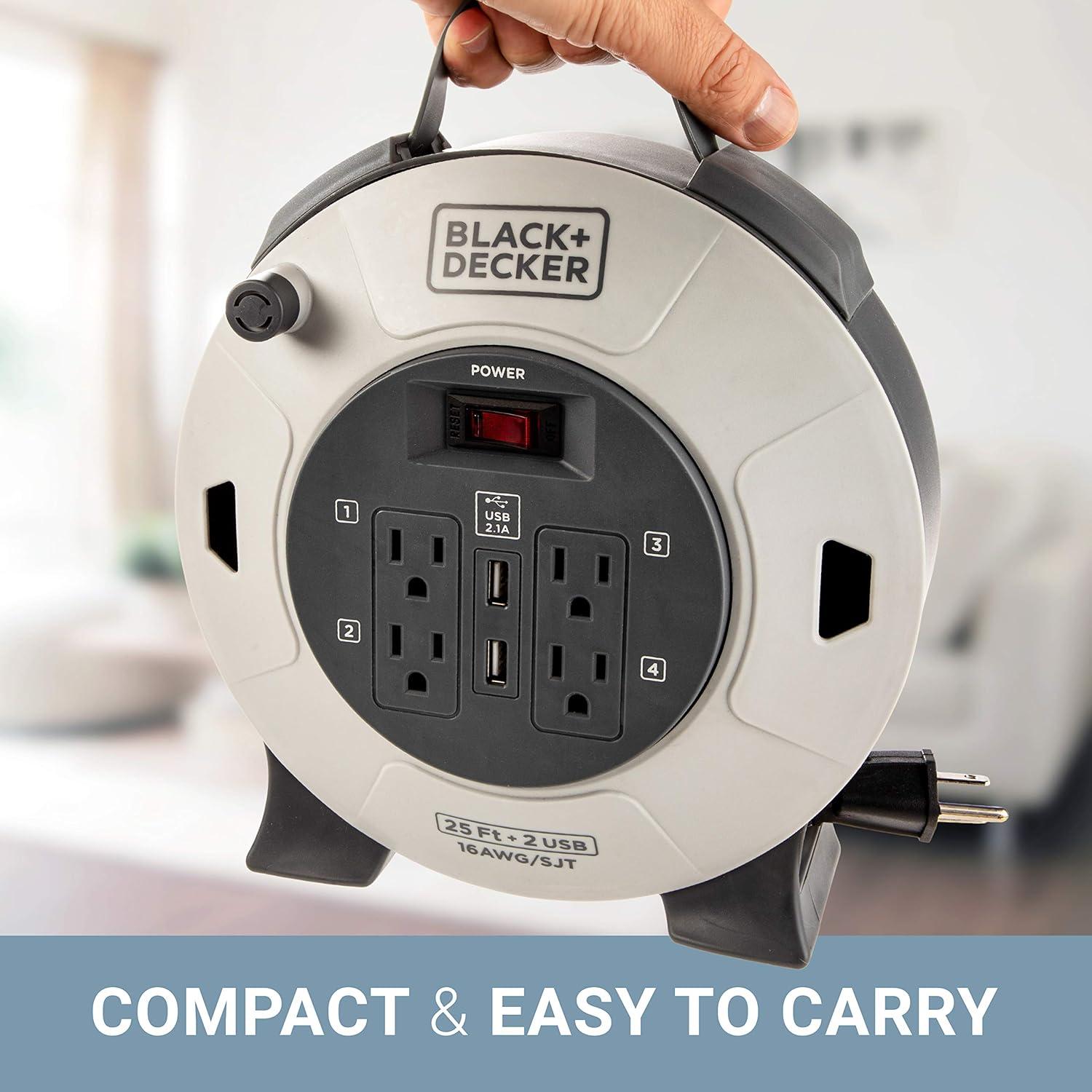 imageBLACKDECKER 25 Ft Retractable Extension Cord Reel with 4 Outlets 2 USB Ports MultiPlug Extension OnOff Switch amp HeavyDuty 16AWG SJT Cable25 Ft