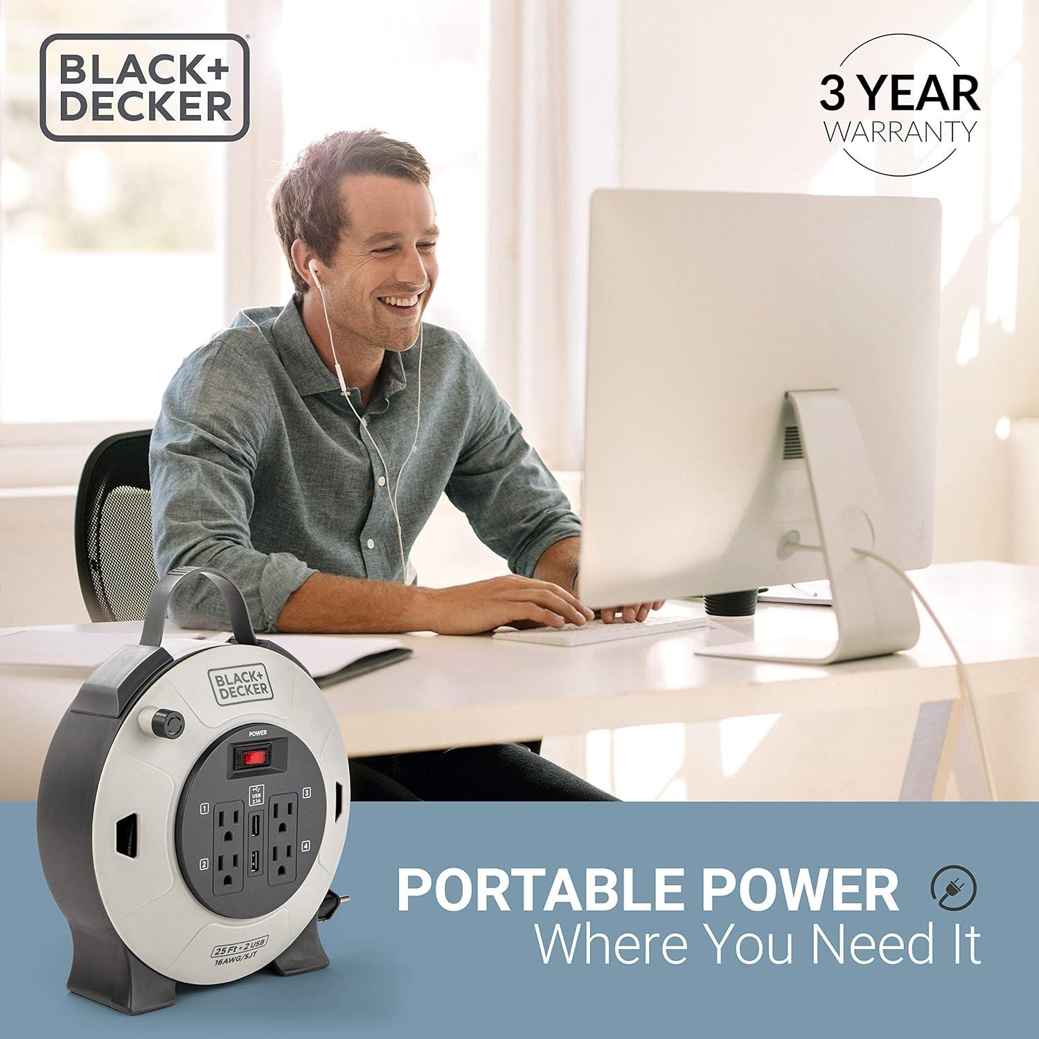 imageBLACKDECKER 25 Ft Retractable Extension Cord Reel with 4 Outlets 2 USB Ports MultiPlug Extension OnOff Switch amp HeavyDuty 16AWG SJT Cable25 Ft