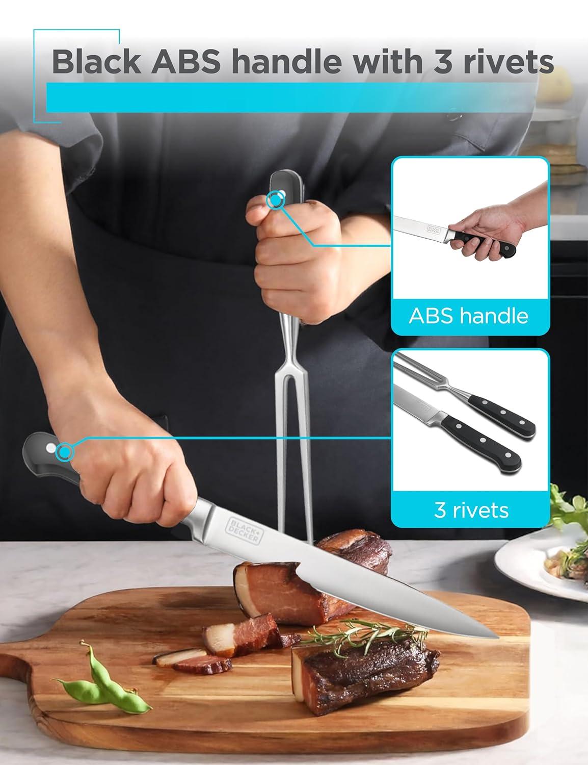 imageBLACKDECKER 2Piece Stainless Steel Carving Knife Set 8 Carving Knife amp 7 Fork Kitchen Knife with 3CR13 Stainless Steel Blade Meat Knife with Black ABS Handles Magnetic Gift Box for Storage