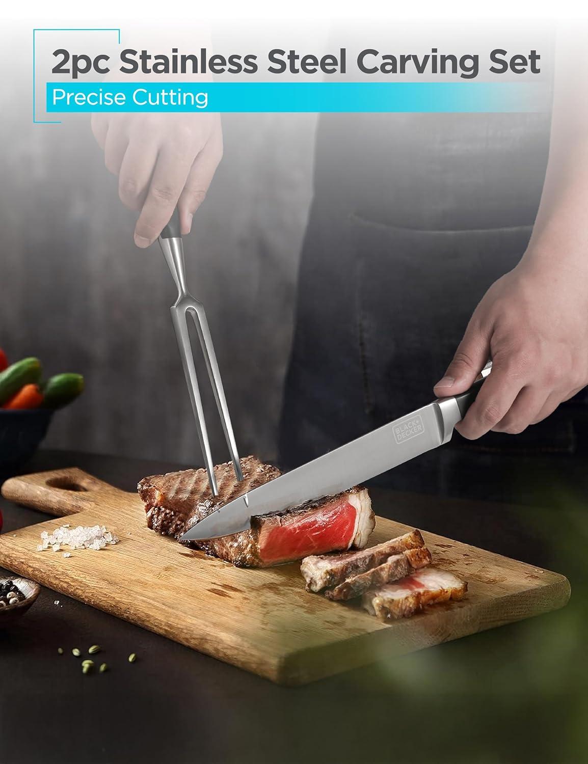 imageBLACKDECKER 2Piece Stainless Steel Carving Knife Set 8 Carving Knife amp 7 Fork Kitchen Knife with 3CR13 Stainless Steel Blade Meat Knife with Black ABS Handles Magnetic Gift Box for Storage