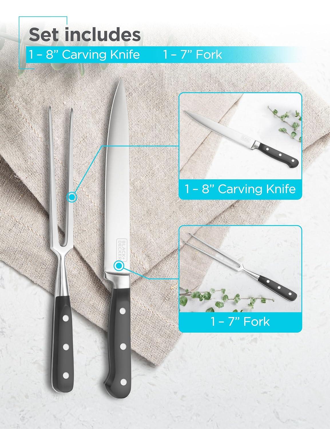 imageBLACKDECKER 2Piece Stainless Steel Carving Knife Set 8 Carving Knife amp 7 Fork Kitchen Knife with 3CR13 Stainless Steel Blade Meat Knife with Black ABS Handles Magnetic Gift Box for Storage