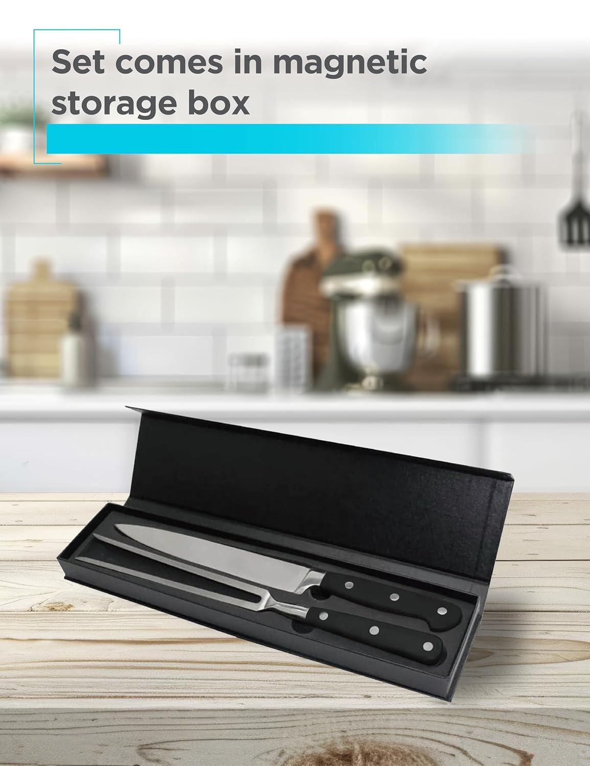imageBLACKDECKER 2Piece Stainless Steel Carving Knife Set 8 Carving Knife amp 7 Fork Kitchen Knife with 3CR13 Stainless Steel Blade Meat Knife with Black ABS Handles Magnetic Gift Box for Storage