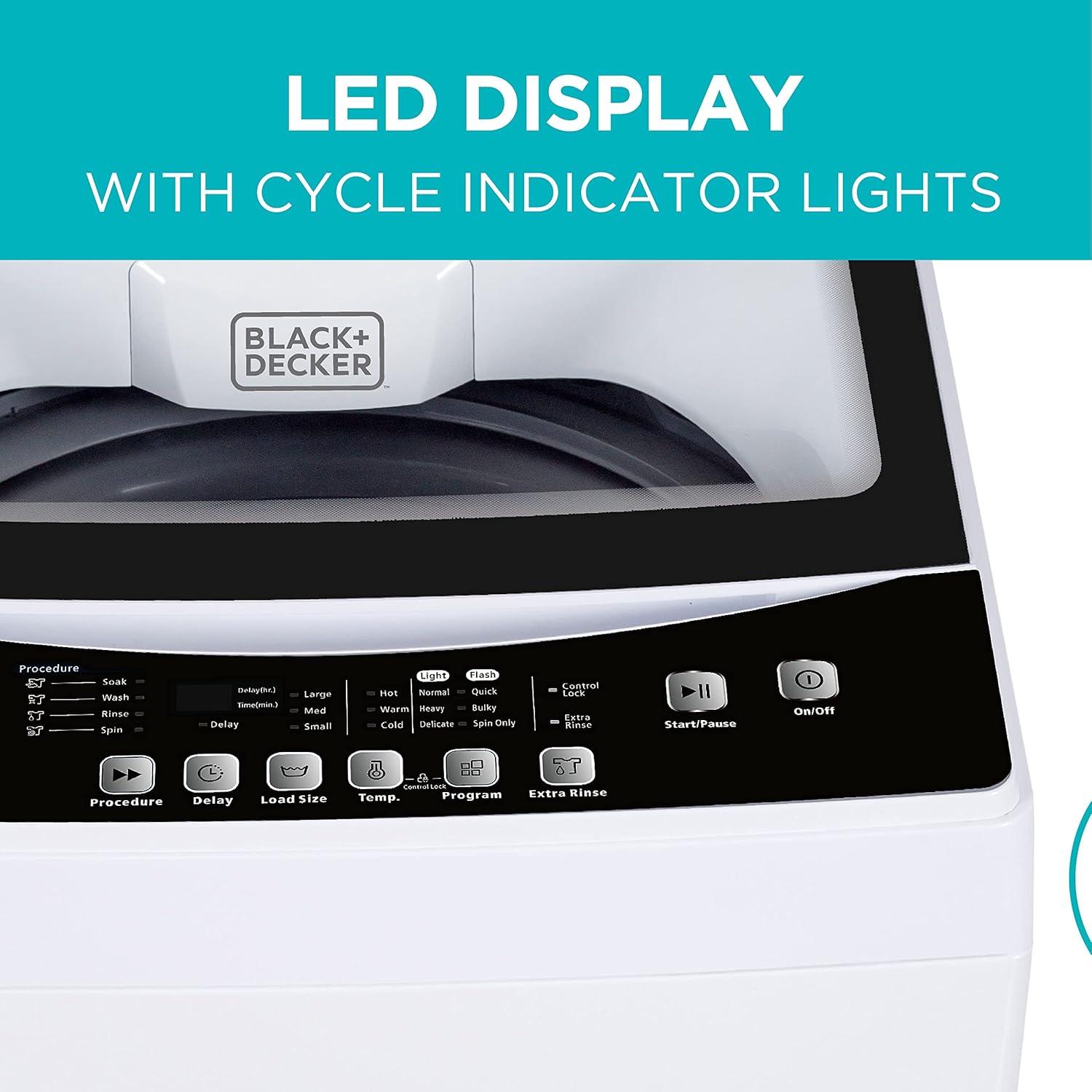 imageBLACKDECKER 30 Cu Ft Portable Washer 265 lb Capacity Washing Machine 6 Cycles Quick Connect Sink Adapter and Drain Hose Included Transparent Lid amp LED Display BPW30MW White30 Cu Ft