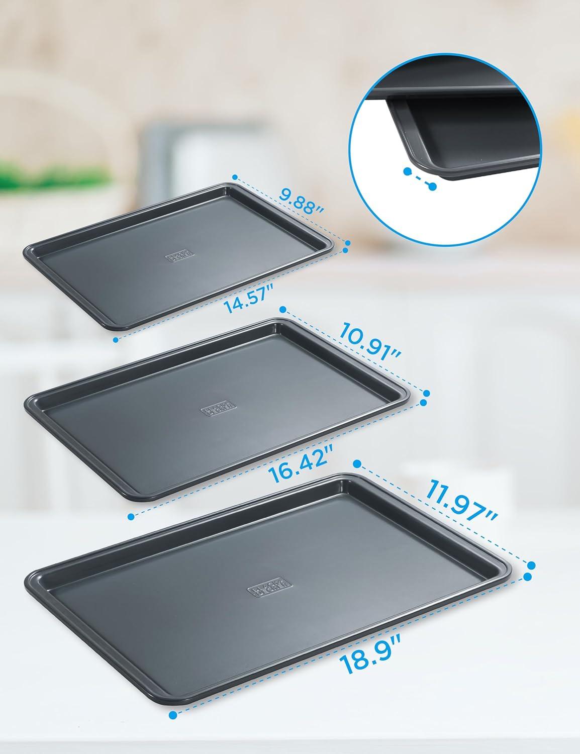 imageBLACKDECKER 3Piece Carbon Steel Baking Sheet Set Includes 13 15 17 Cookie Sheets for Baking 04mm Carbon Steel Baking Pans Set with Ceramic NonStick Coating PFOA amp PTFE Free Black Finish3Piece