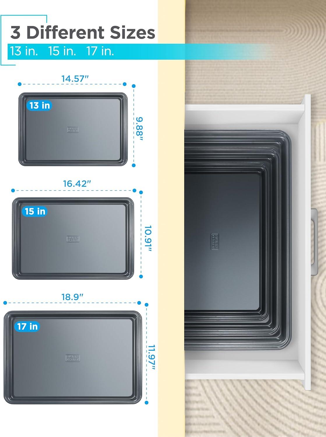 imageBLACKDECKER 3Piece Carbon Steel Baking Sheet Set Includes 13 15 17 Cookie Sheets for Baking 04mm Carbon Steel Baking Pans Set with Ceramic NonStick Coating PFOA amp PTFE Free Black Finish3Piece