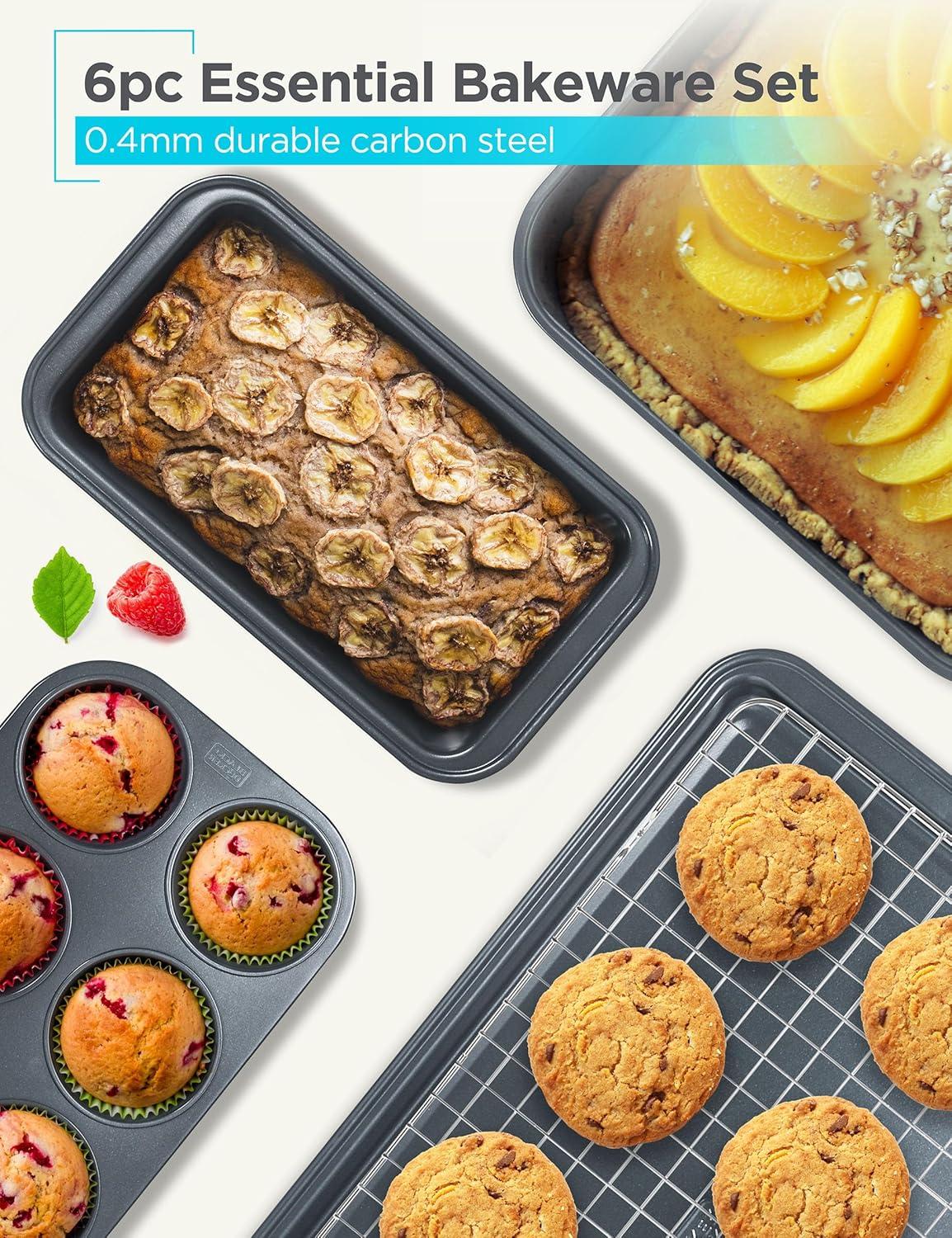 imageBLACKDECKER 3Piece Carbon Steel Baking Sheet Set Includes 13 15 17 Cookie Sheets for Baking 04mm Carbon Steel Baking Pans Set with Ceramic NonStick Coating PFOA amp PTFE Free Black Finish6Piece