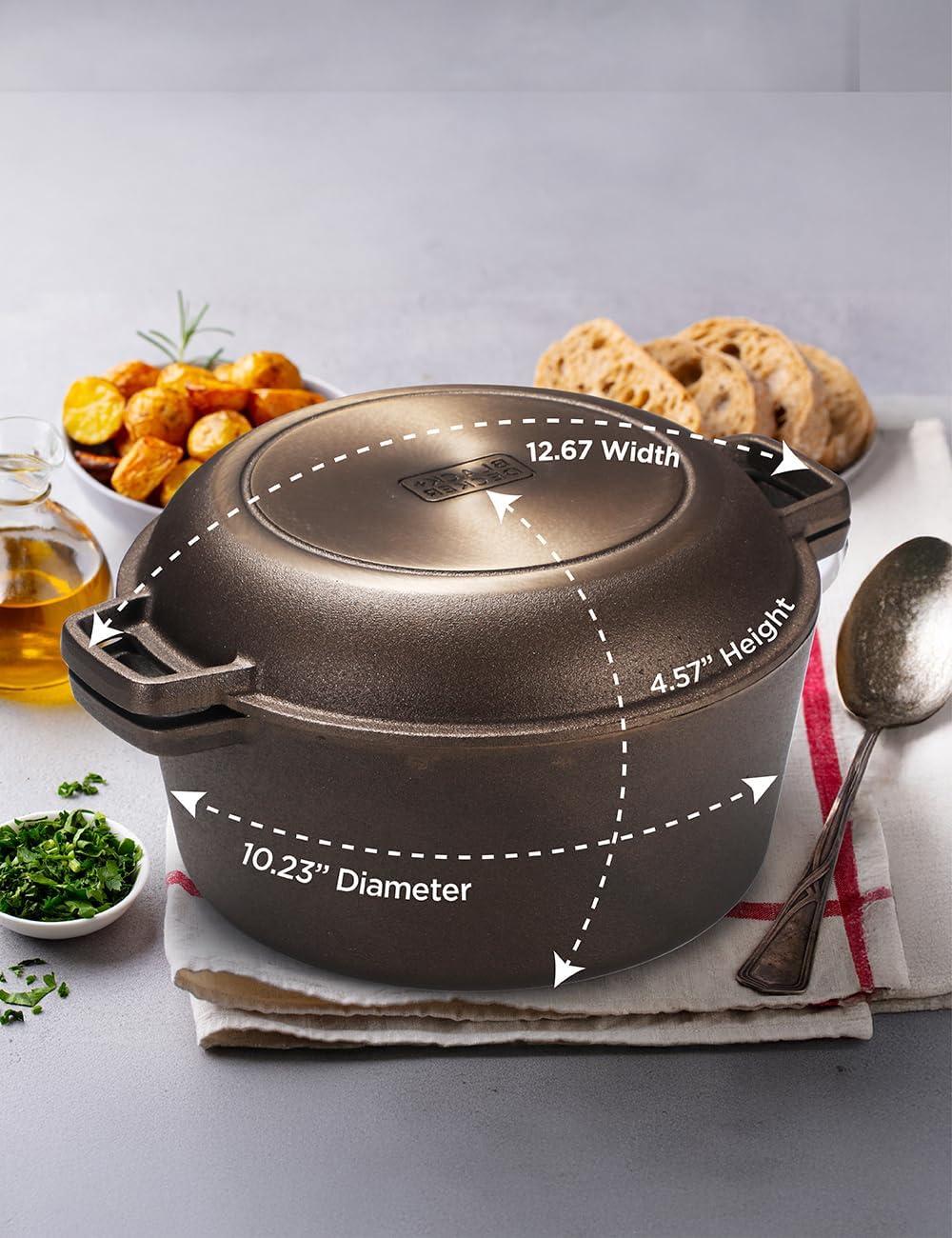 imageBLACKDECKER 5Quart Cast Iron Dutch Oven with 1025Inch Skillet Lid PreSeasoned Cast Iron Cookware with Bronze Finish amp Polished Interior Works on All Cooktops Including Induction Oven amp Grill Safe BDK202BR BronzeDutch Oven