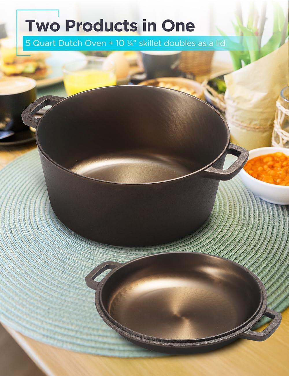 imageBLACKDECKER 5Quart Cast Iron Dutch Oven with 1025Inch Skillet Lid PreSeasoned Cast Iron Cookware with Bronze Finish amp Polished Interior Works on All Cooktops Including Induction Oven amp Grill Safe BDK202BR BronzeDutch Oven