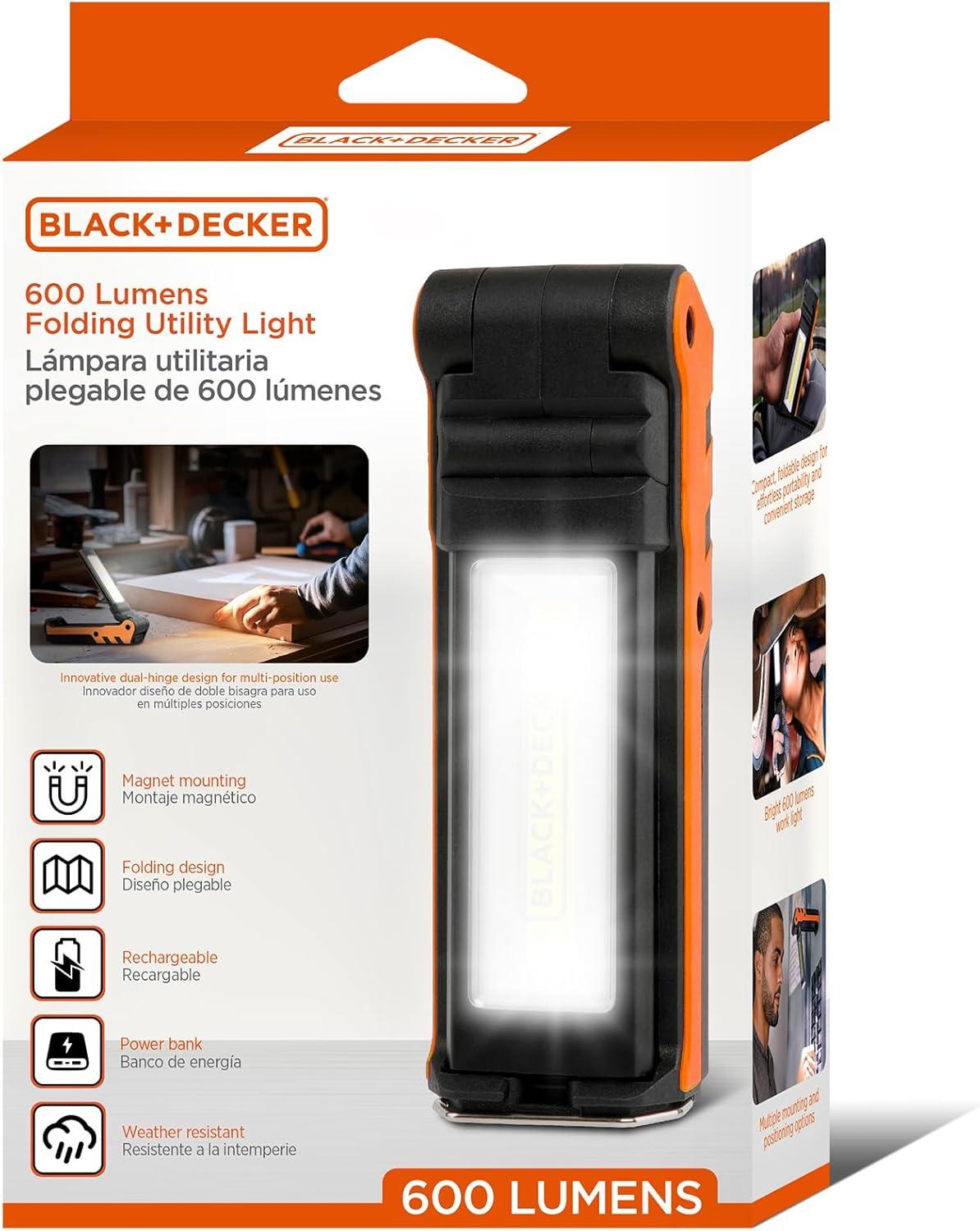 imageBLACKDECKER 600 Lumens Work Light 250 Lumens Flashlight amp Power Bank 32 Hour Rechargeable Utility LED Light 270 DualHinge IP44 WeatherResistant Dimmable SOS Mode Magnetic Mount amp Hanging