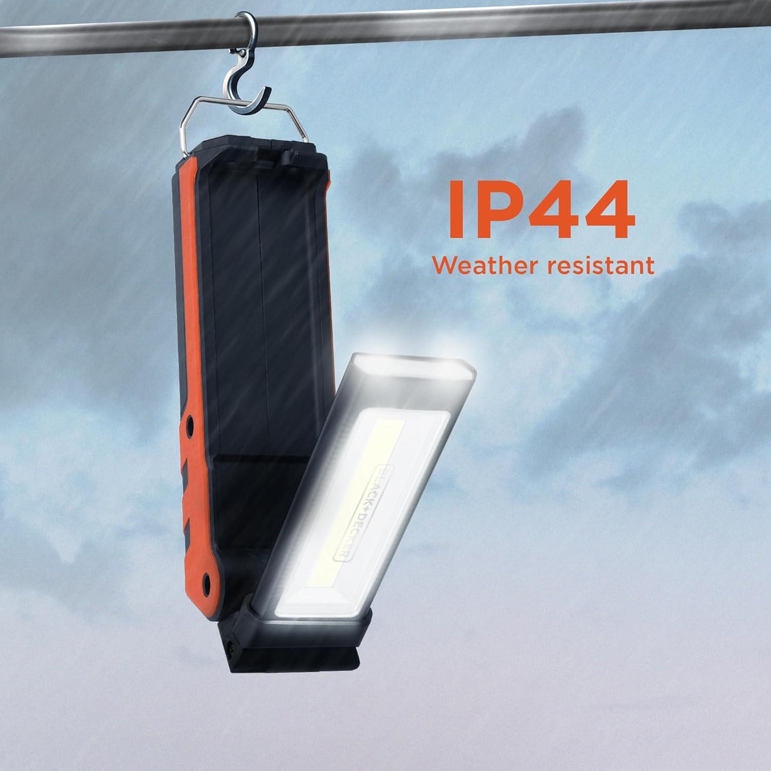 imageBLACKDECKER 600 Lumens Work Light 250 Lumens Flashlight amp Power Bank 32 Hour Rechargeable Utility LED Light 270 DualHinge IP44 WeatherResistant Dimmable SOS Mode Magnetic Mount amp Hanging